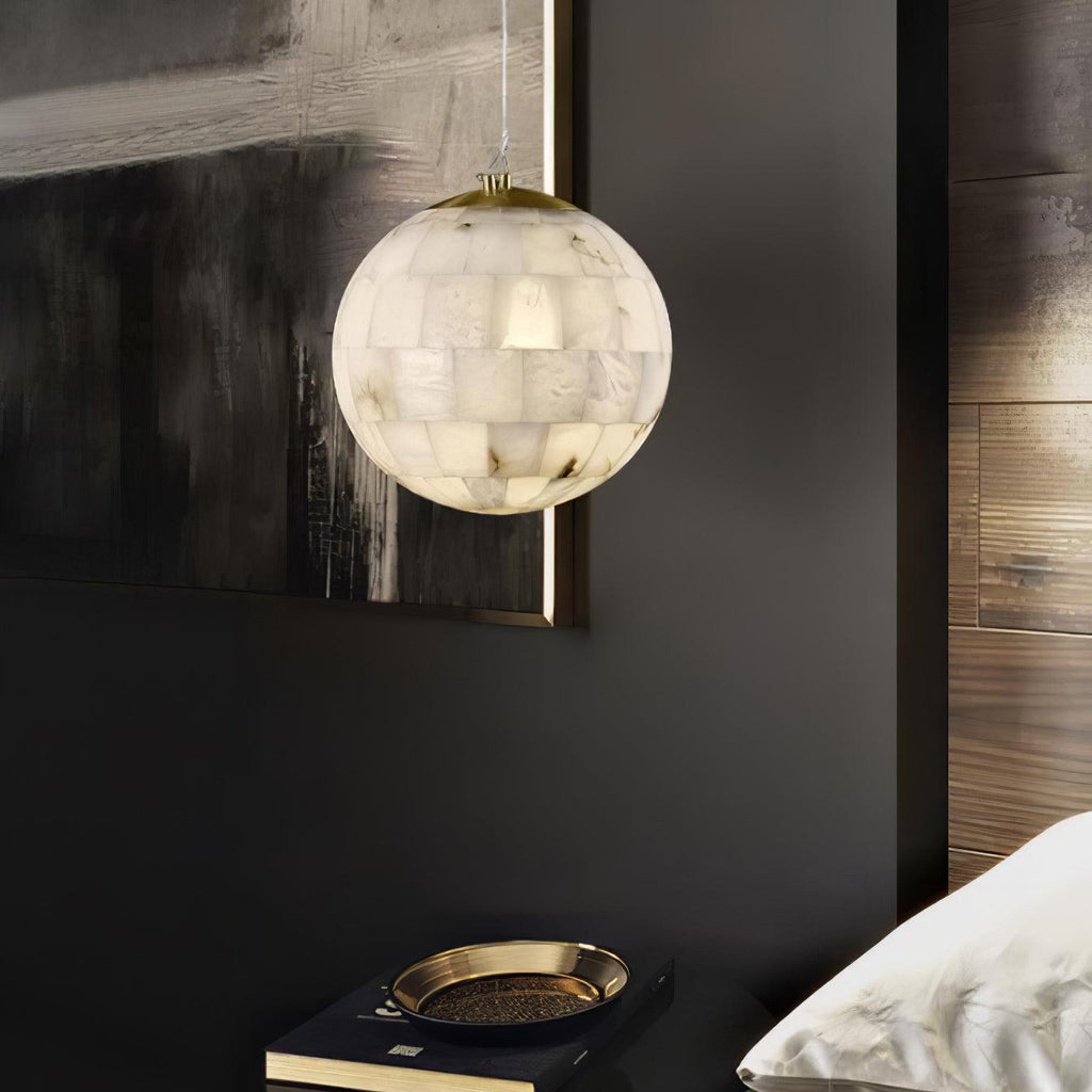 Alabaster Ball Pendant Light — Brass Stone Globe Hanging Lamp for Kitchen Island