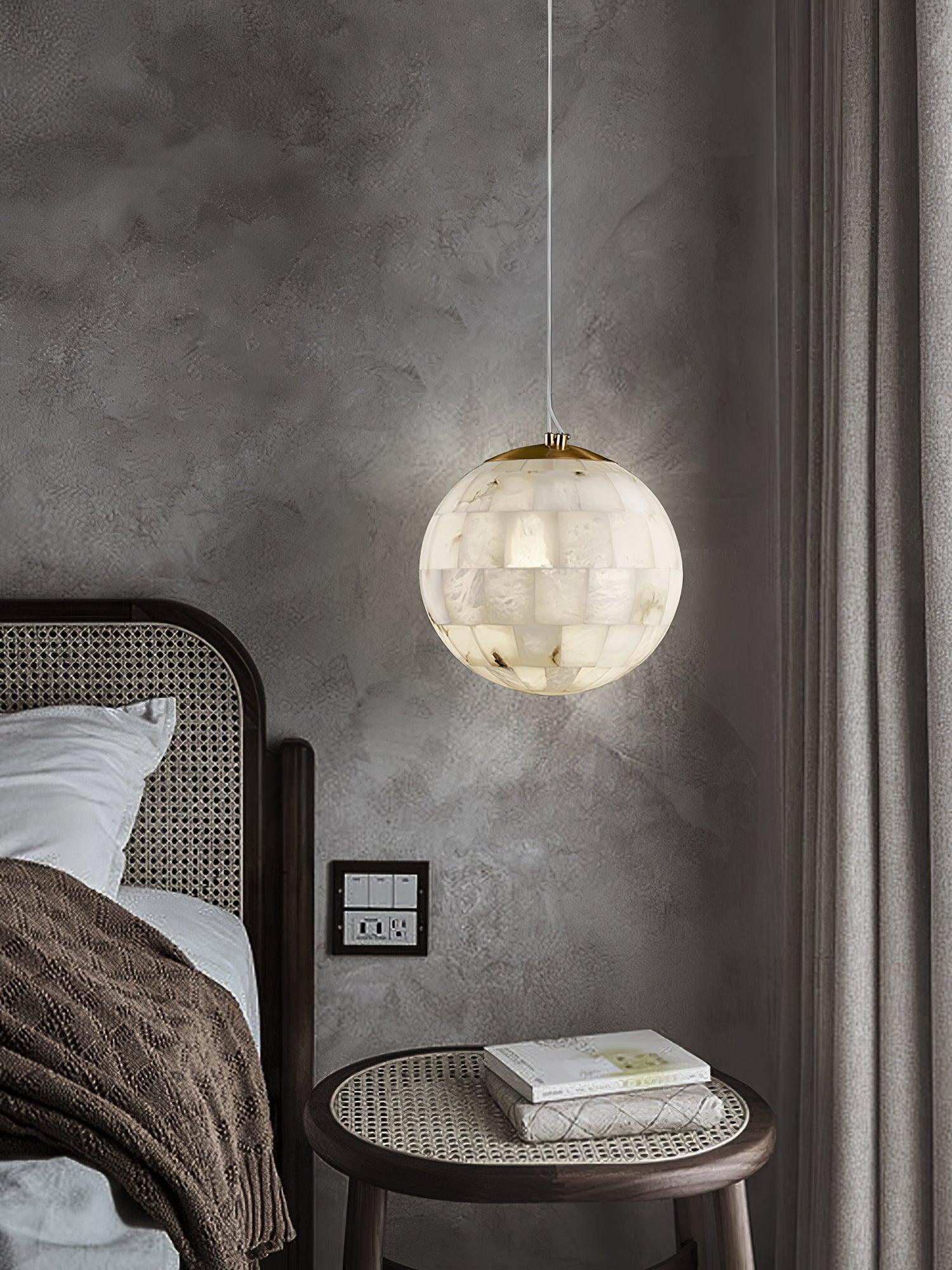Alabaster Ball Pendant Light — Brass Stone Globe Hanging Lamp for Kitchen Island