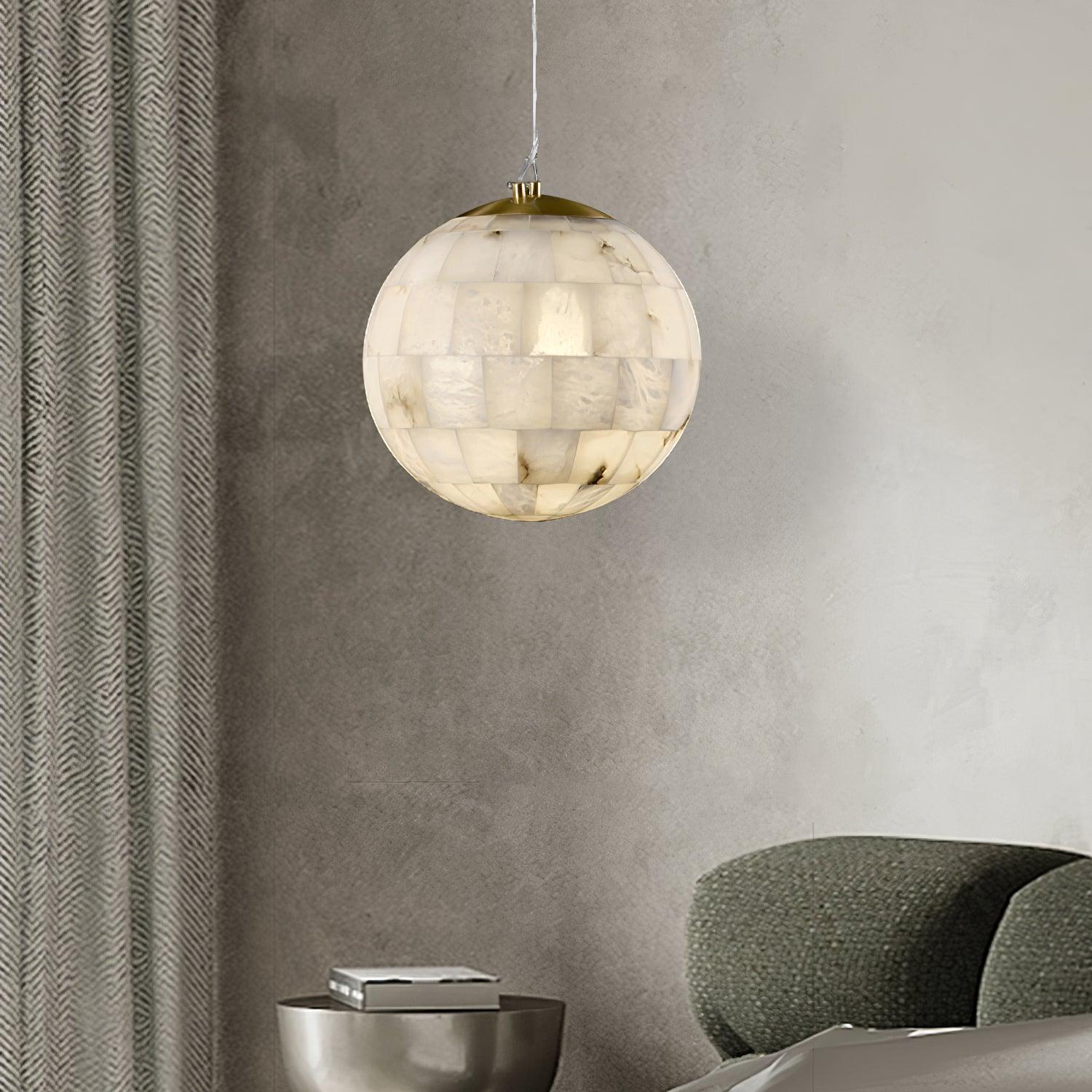 Alabaster Ball Pendant Light — Brass Stone Globe Hanging Lamp for Kitchen Island