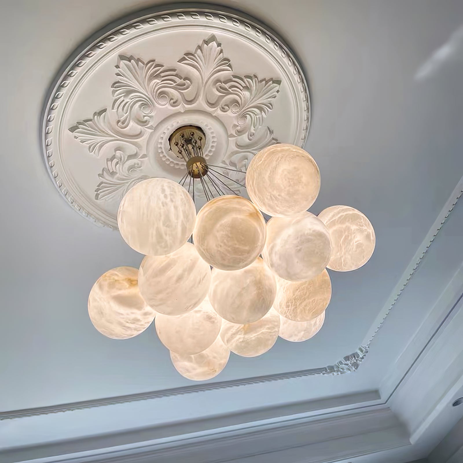 Alabaster Balls Chandelier — Curved Stone Globe Ceiling Light for Living Room