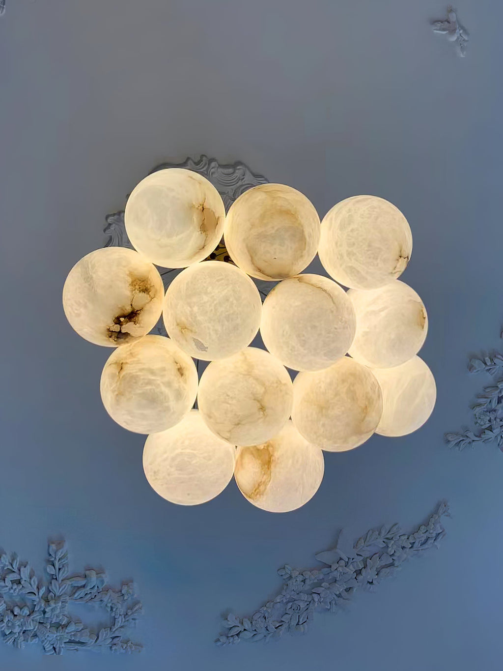 Alabaster Balls Chandelier — Curved Stone Globe Ceiling Light for Living Room
