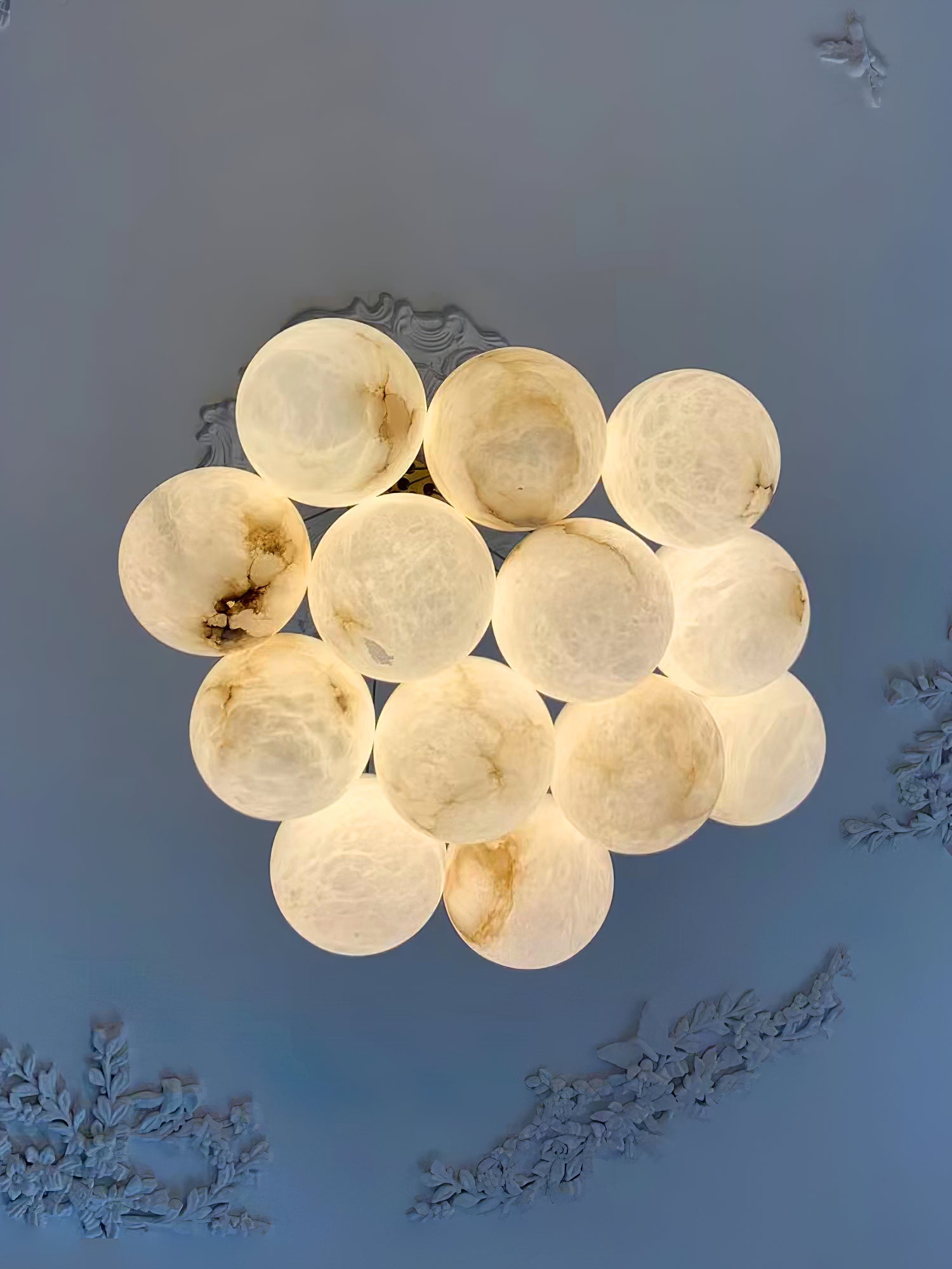 Alabaster Balls Chandelier — Curved Stone Globe Ceiling Light for Living Room