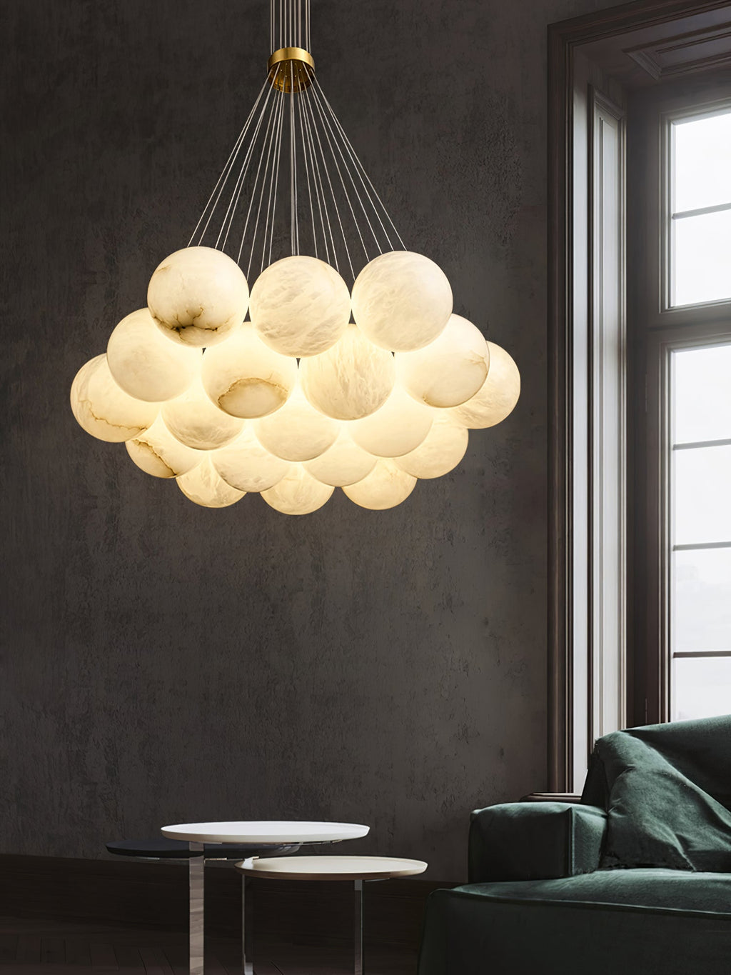 Alabaster Balls Chandelier — Curved Stone Globe Ceiling Light for Living Room