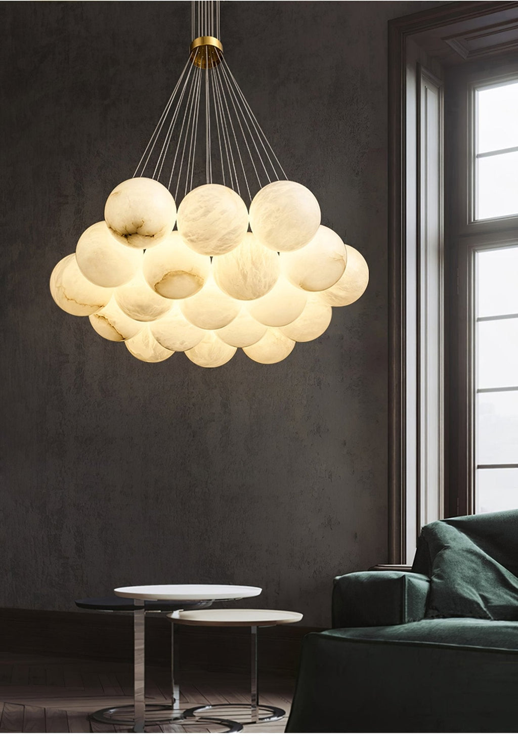 Alabaster Balls Chandelier — Curved Stone Globe Ceiling Light for Living Room