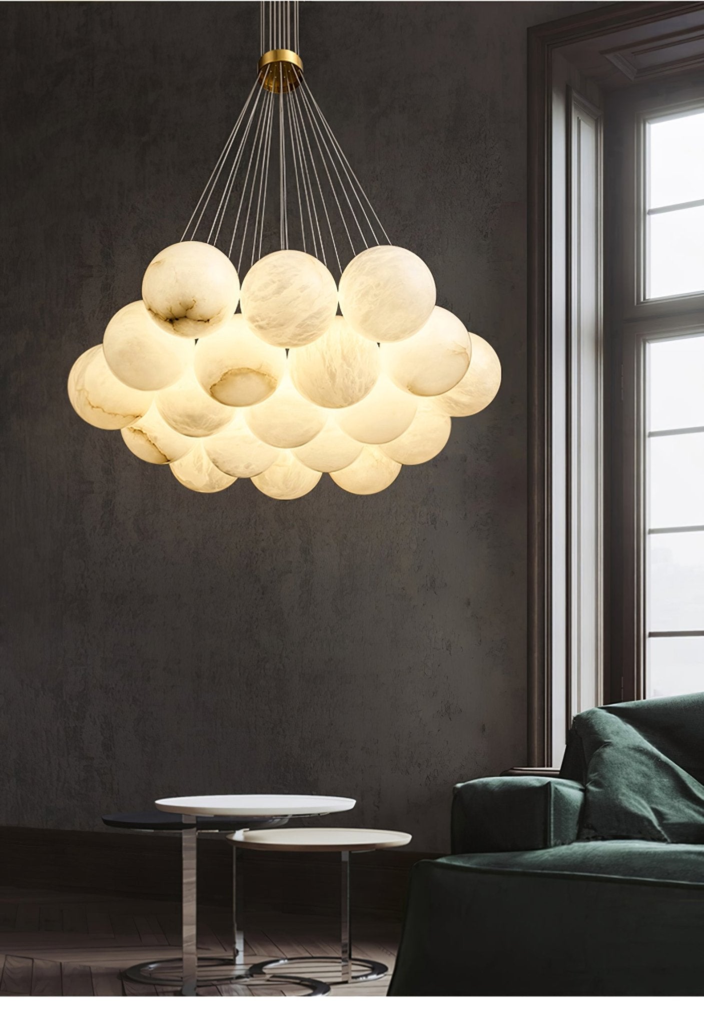 Alabaster Balls Chandelier — Curved Stone Globe Ceiling Light for Living Room