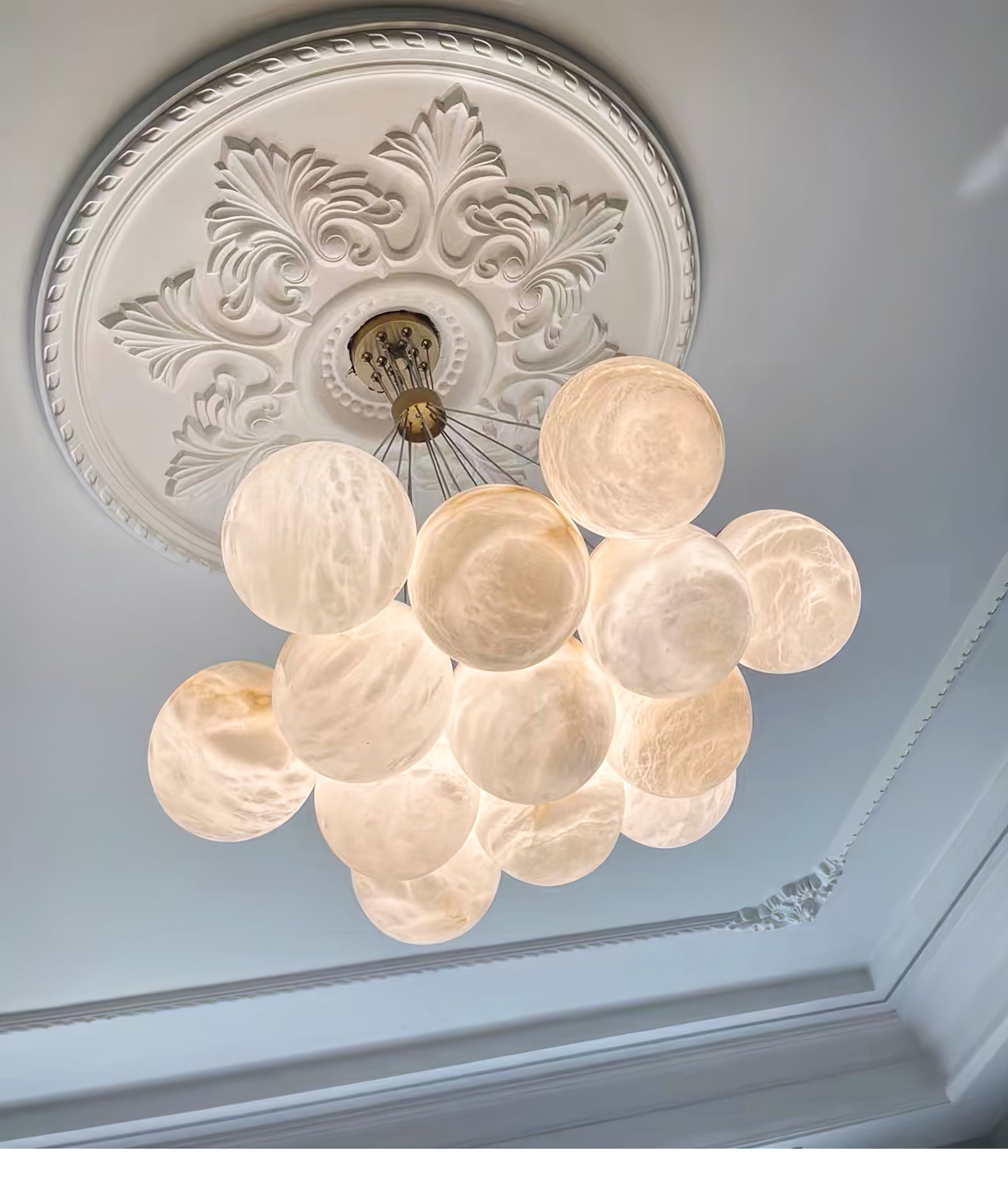 Alabaster Balls Chandelier — Curved Stone Globe Ceiling Light for Living Room