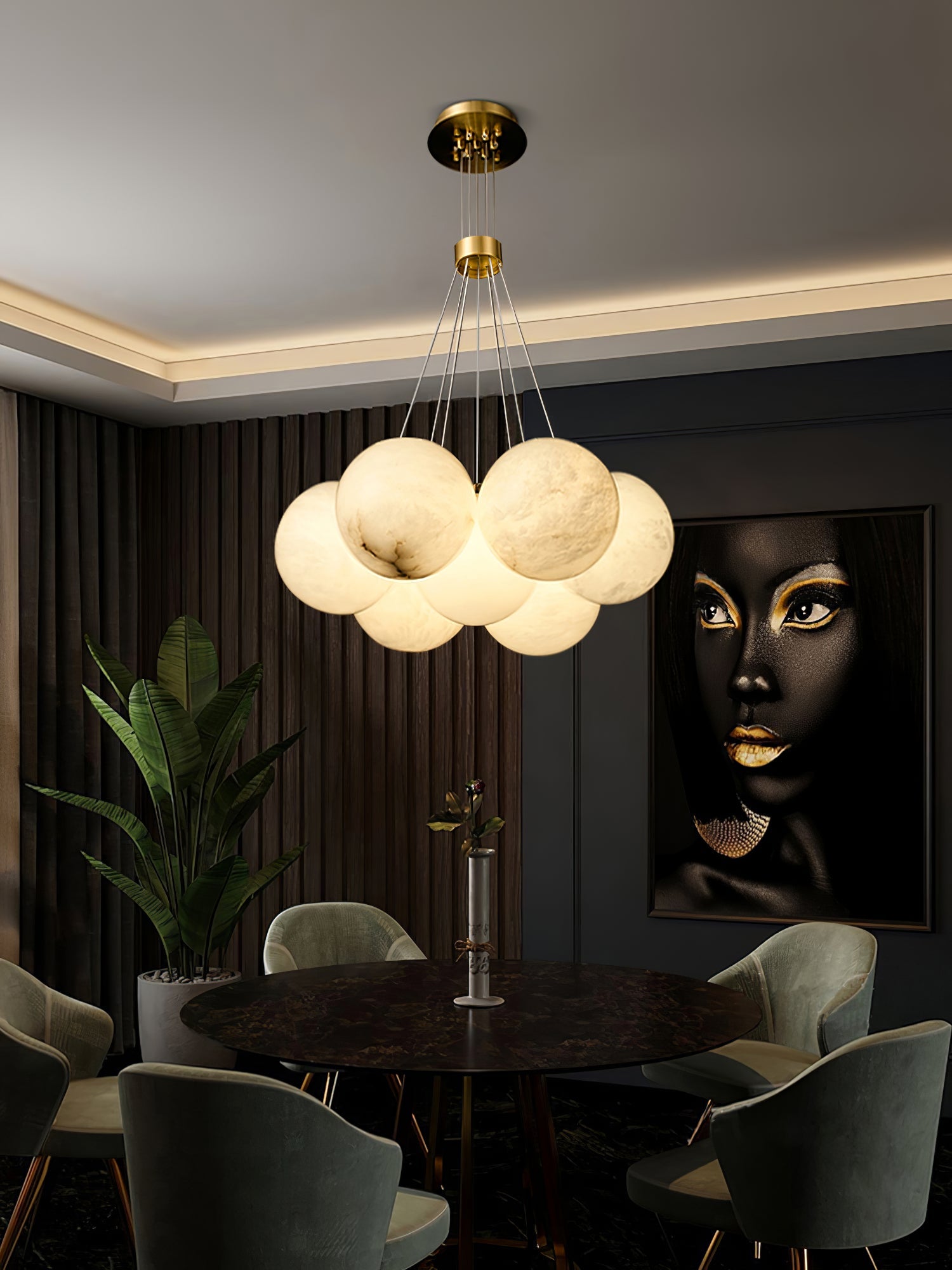 Alabaster Balls Chandelier — Curved Stone Globe Ceiling Light for Living Room