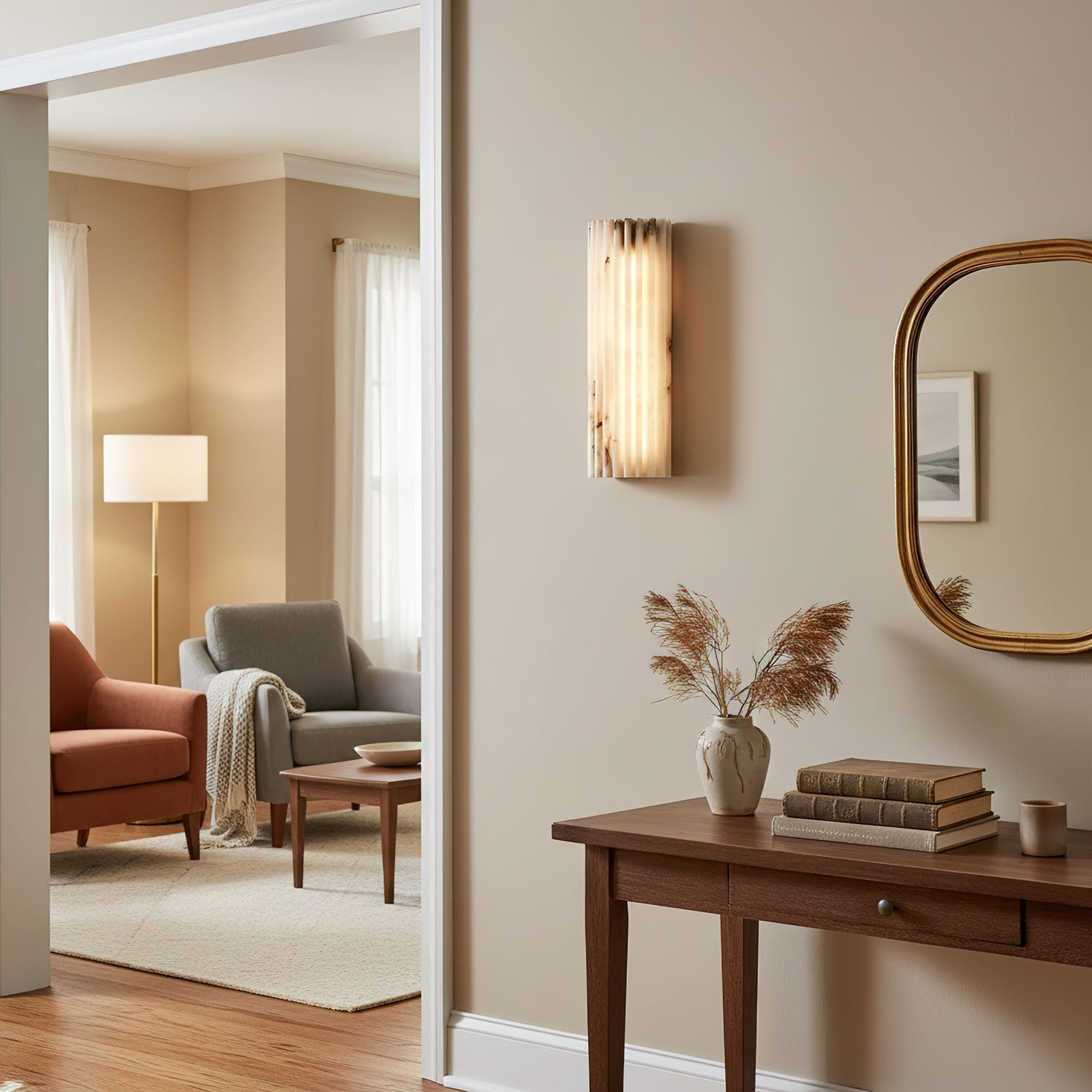 Alvia Alabaster Wall Light — Ribbed Stone Wall Sconce for Bedroom & Hallway