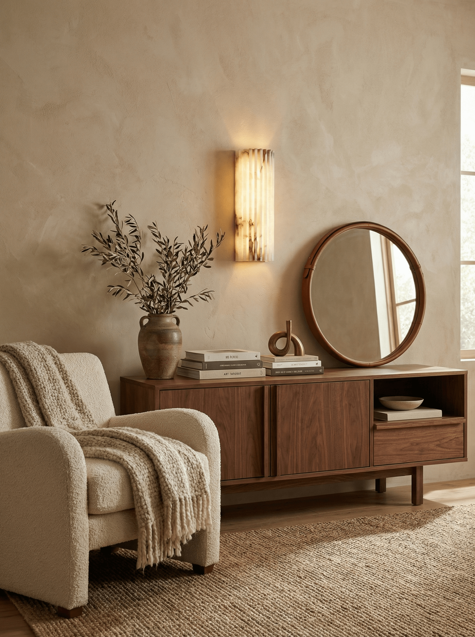 Alvia Alabaster Wall Light — Ribbed Stone Wall Sconce for Bedroom & Hallway