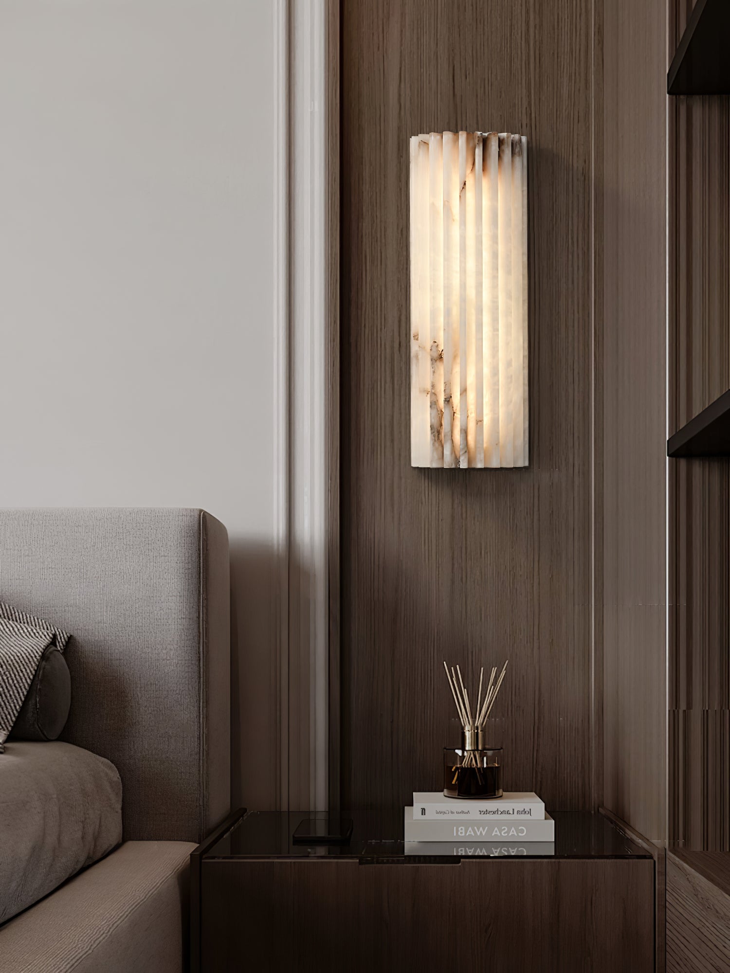 Alvia Alabaster Wall Light — Ribbed Stone Wall Sconce for Bedroom & Hallway