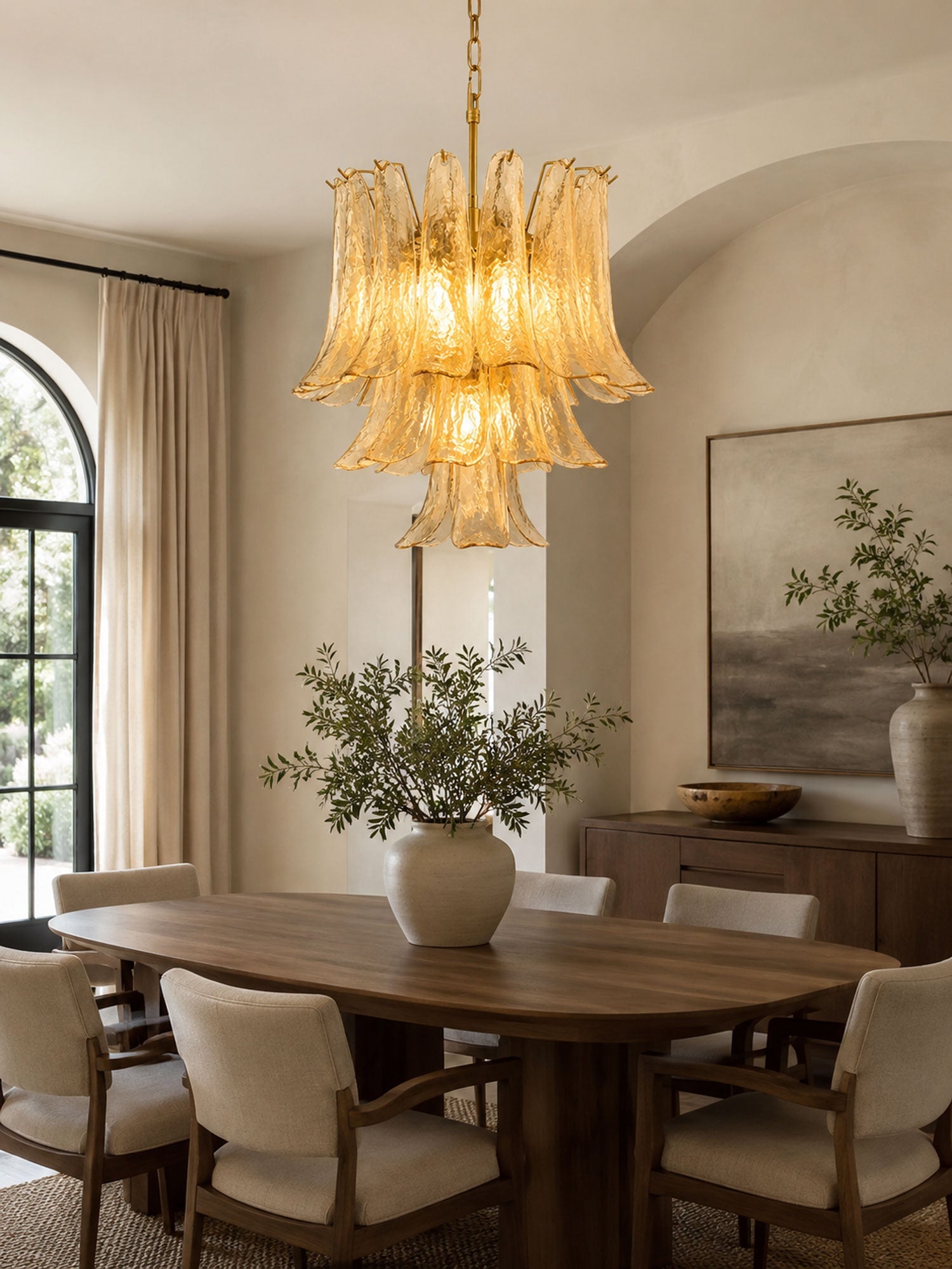 Amber Cascade Glass Chandelier — Tiered Amber Glass Ceiling Light for Dining Room