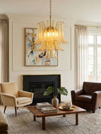 Amber Cascade Glass Chandelier — Tiered Amber Glass Ceiling Light for Dining Room