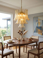 Amber Cascade Glass Chandelier — Tiered Amber Glass Ceiling Light for Dining Room