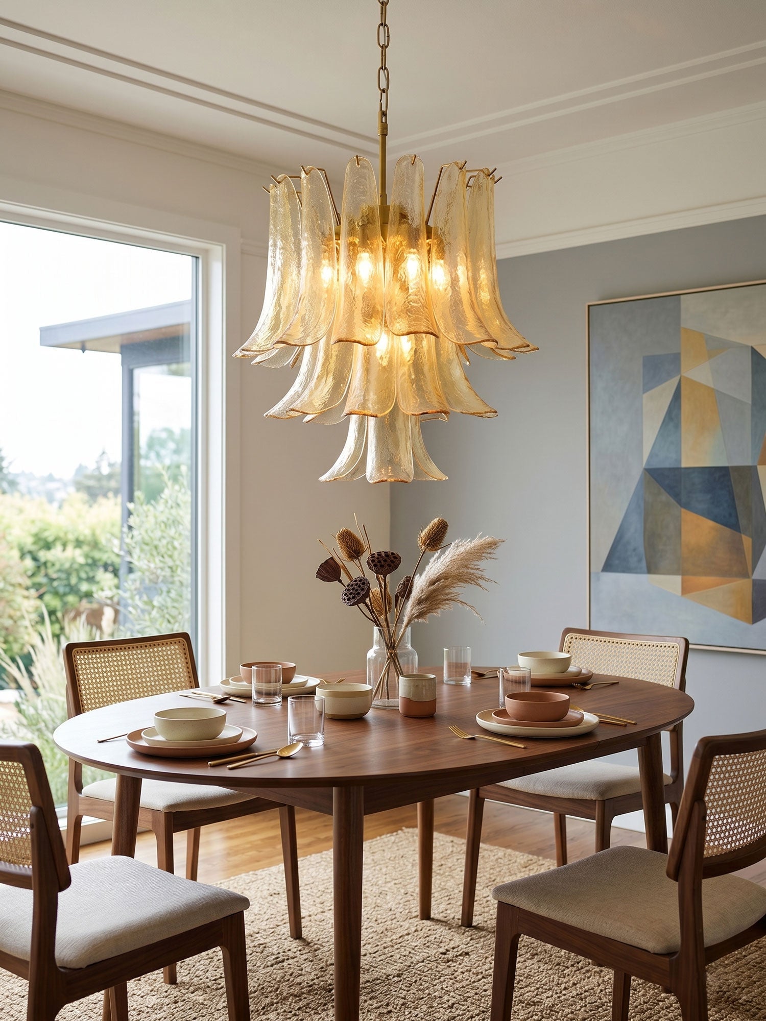 Amber Cascade Glass Chandelier — Tiered Amber Glass Ceiling Light for Dining Room