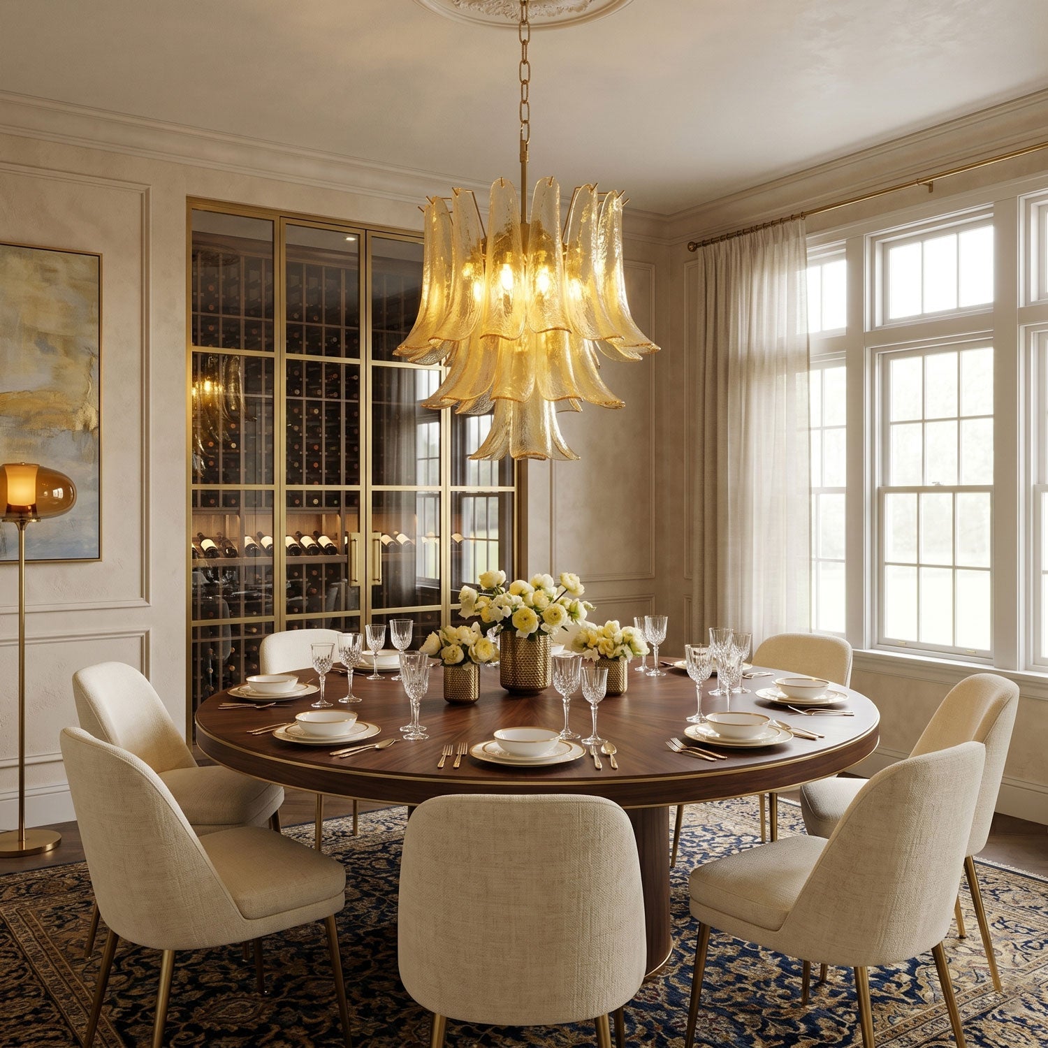 Amber Cascade Glass Chandelier — Tiered Amber Glass Ceiling Light for Dining Room