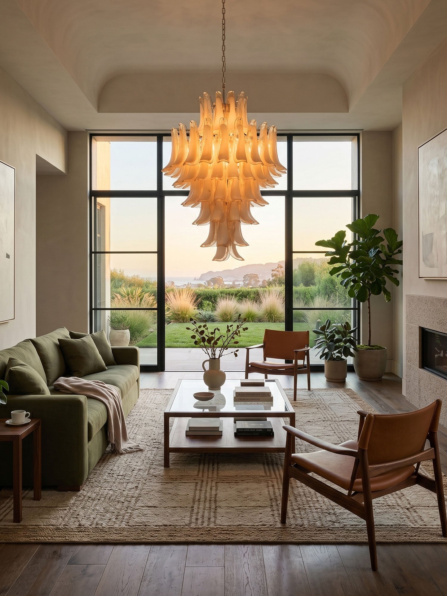 Amber Cloud Glass Petals Chandelier — Cluster Petal Ceiling Light for Stairwell