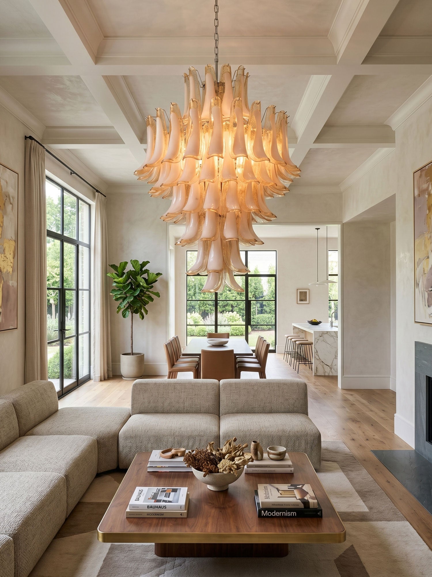 Amber Cloud Glass Petals Chandelier — Cluster Petal Ceiling Light for Stairwell