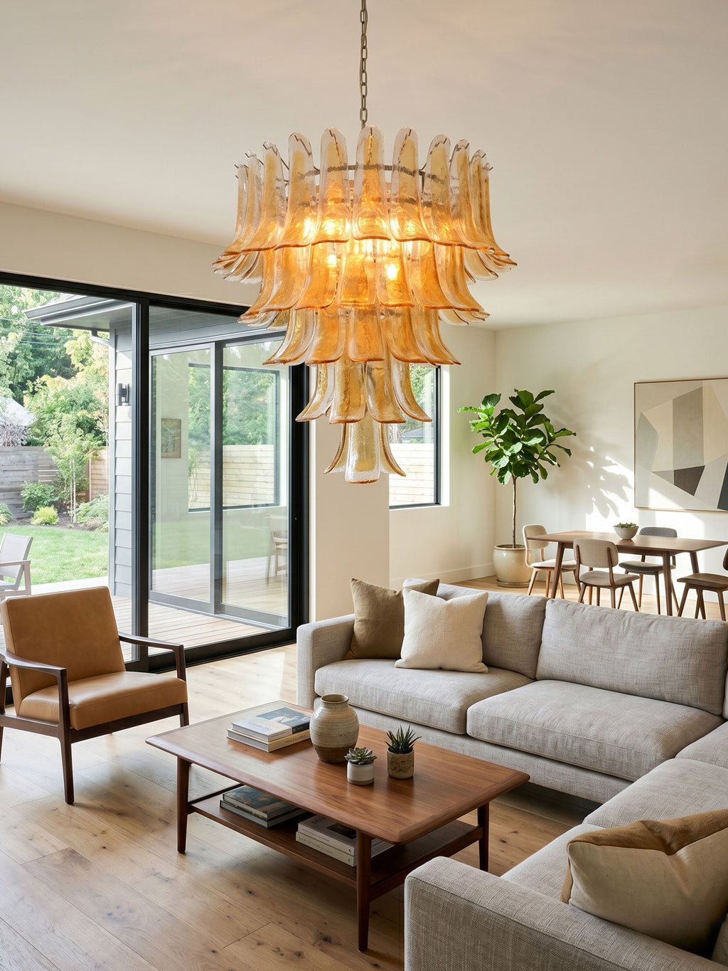 Amber Glass Petals Chandelier — Layered Petal Ceiling Light for Dining Room
