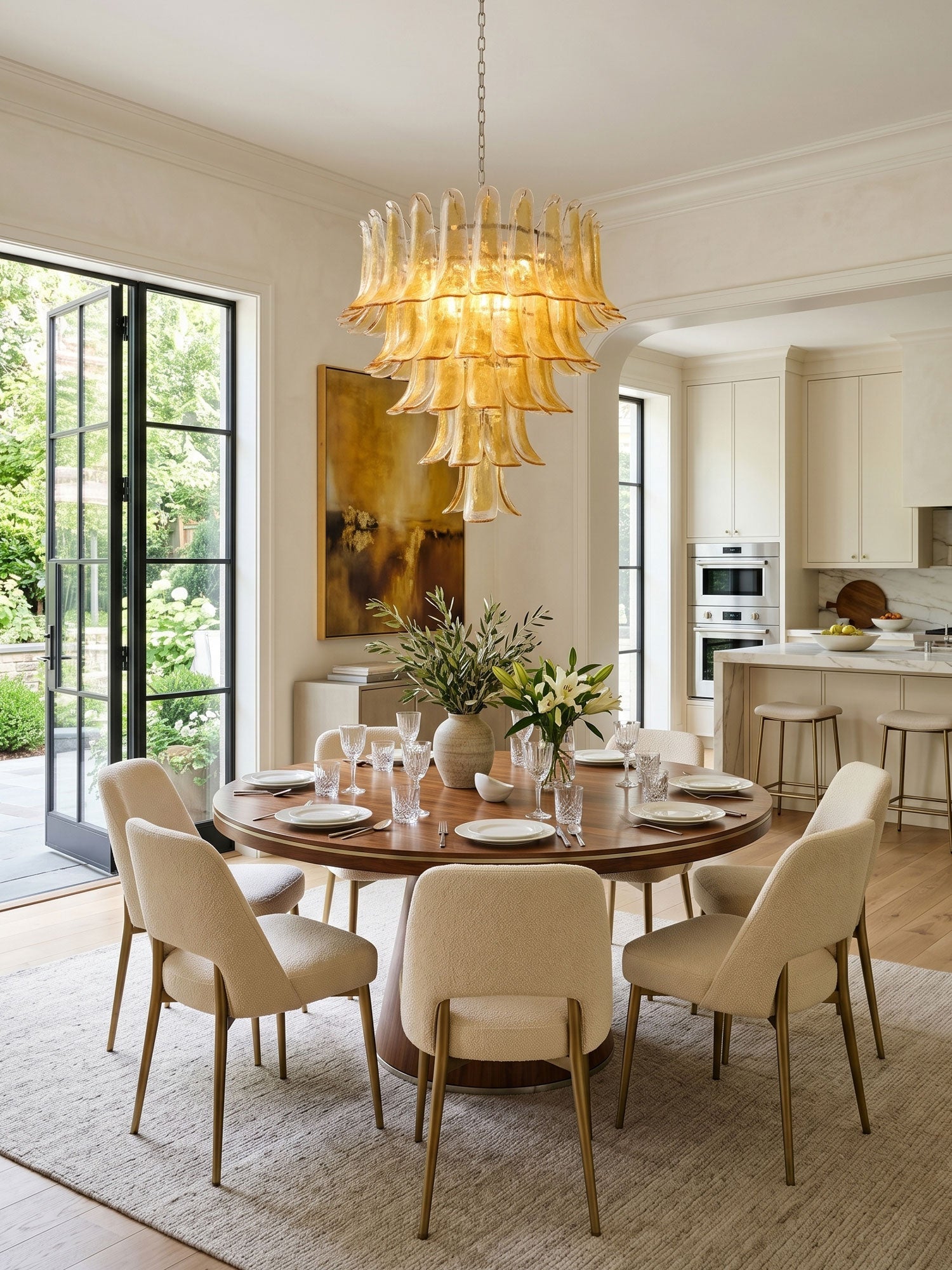 Amber Glass Petals Chandelier — Layered Petal Ceiling Light for Dining Room