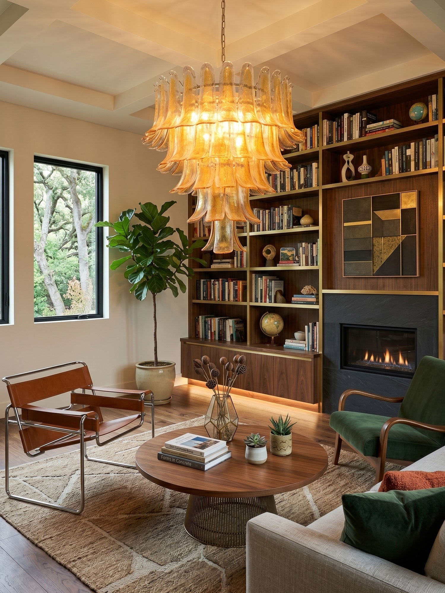 Amber Glass Petals Chandelier — Layered Petal Ceiling Light for Dining Room