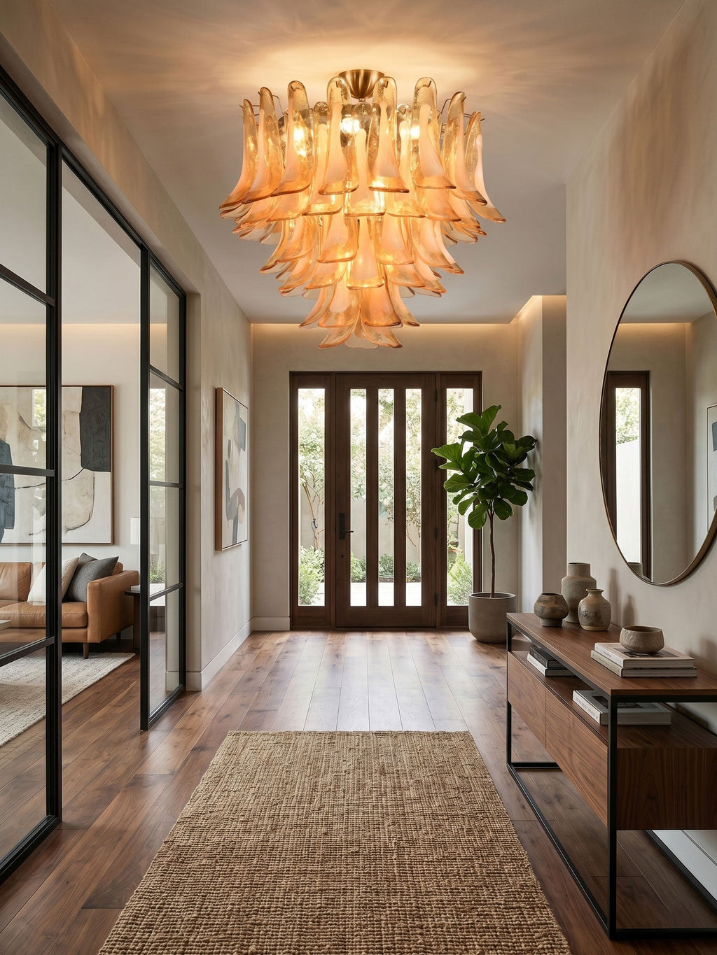Amber Petal Glass Ceiling Lamp — Flush Petal Light for Bedroom & Hallway