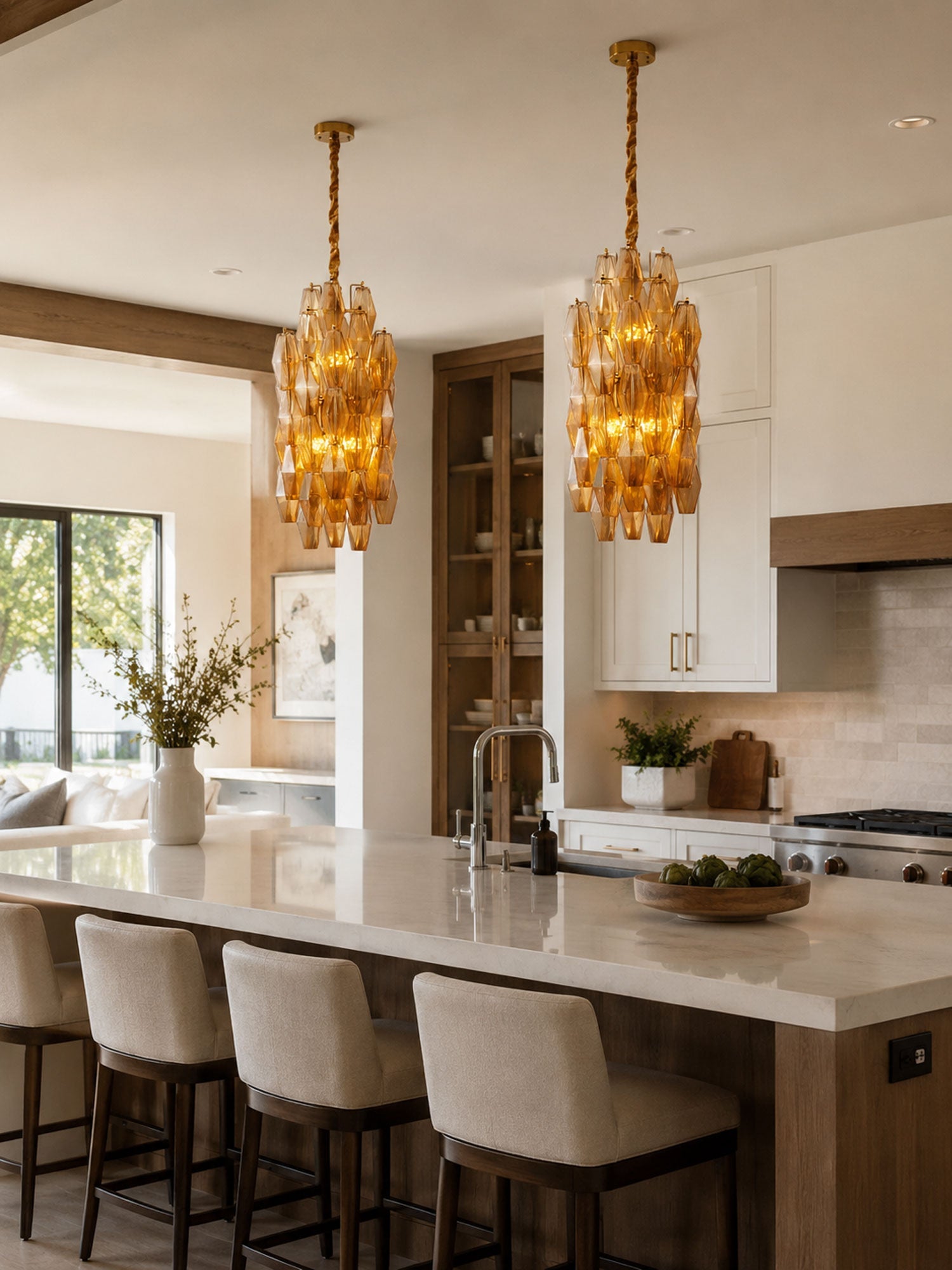 Amber Prism Long Chandelier — Linear Glass Island Light for Kitchen & Dining
