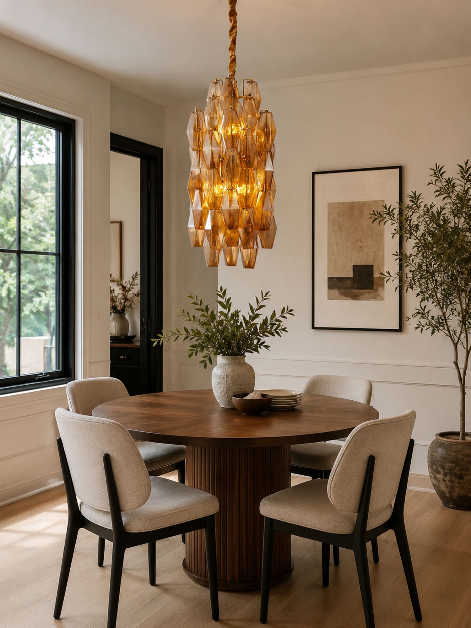 Amber Prism Long Chandelier — Linear Glass Island Light for Kitchen & Dining