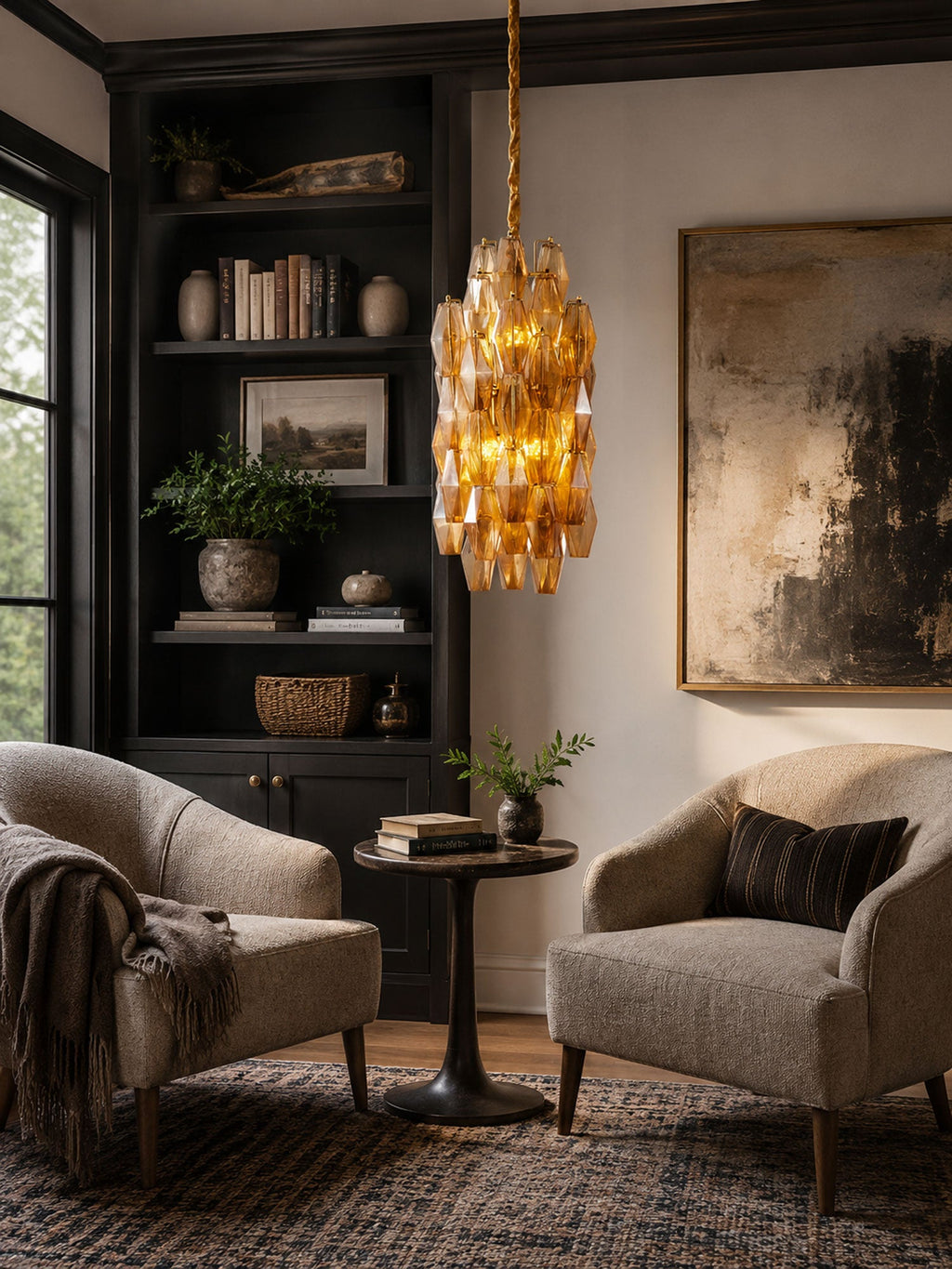 Amber Prism Long Chandelier — Linear Glass Island Light for Kitchen & Dining