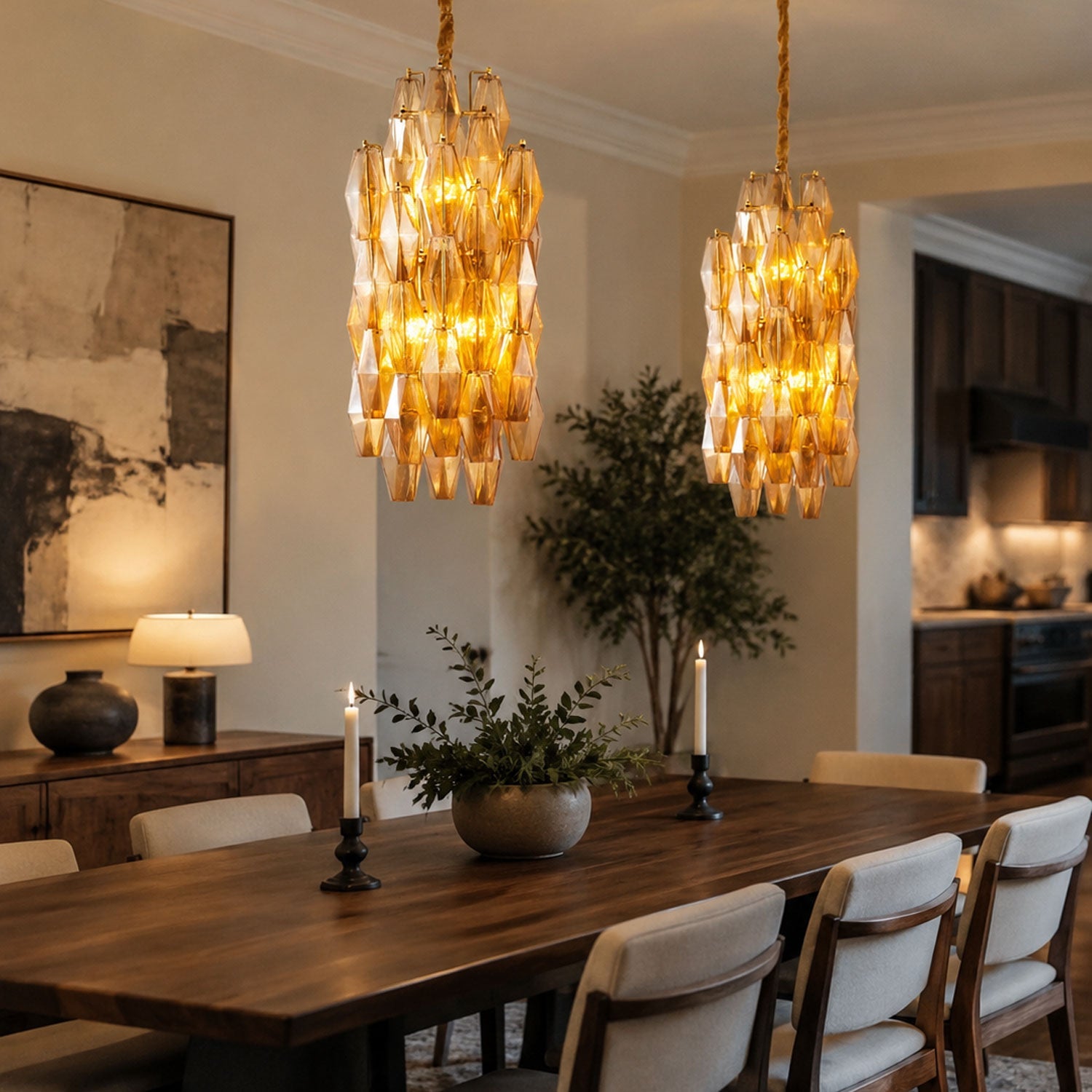 Amber Prism Long Chandelier — Linear Glass Island Light for Kitchen & Dining
