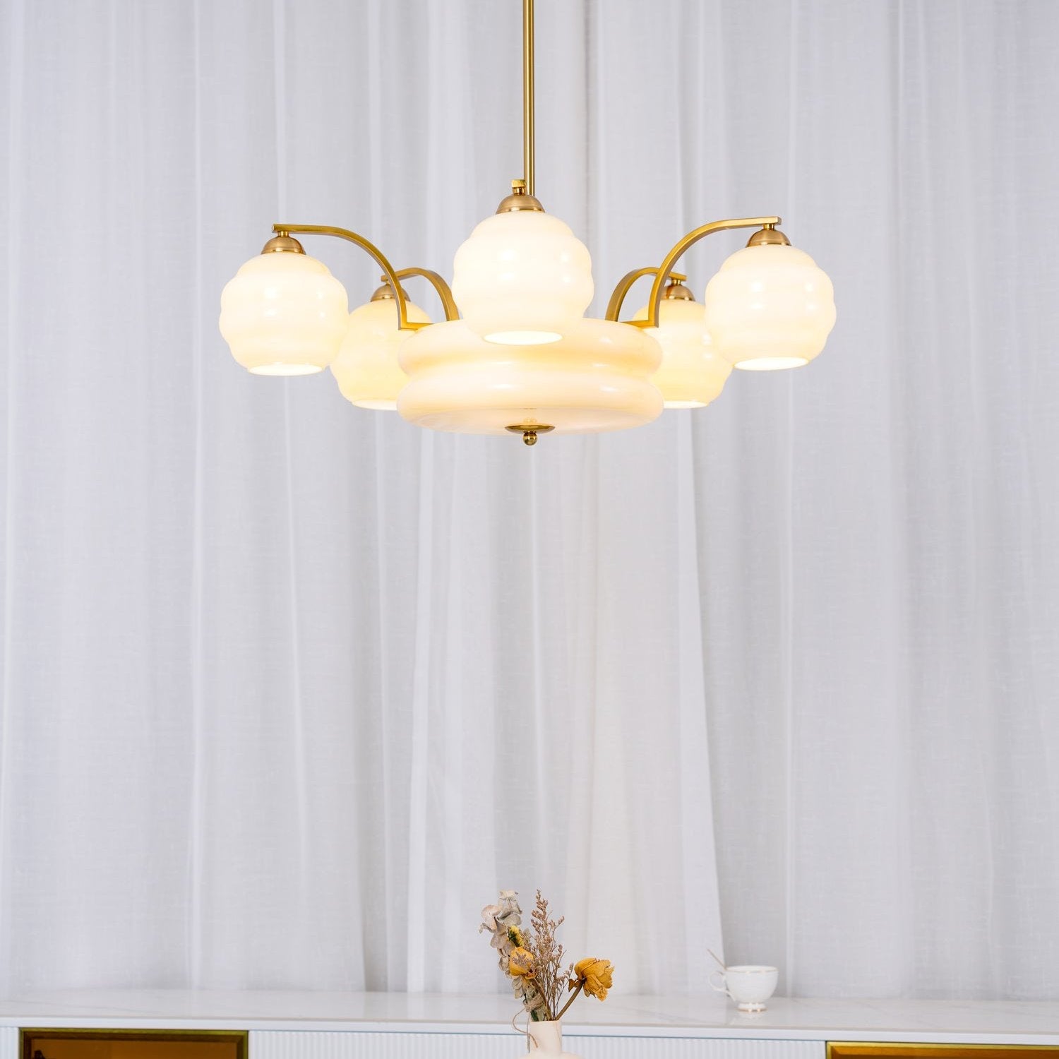 Art Deco Vintage Chandelier — White Glass Shade Ceiling Light for Dining Room