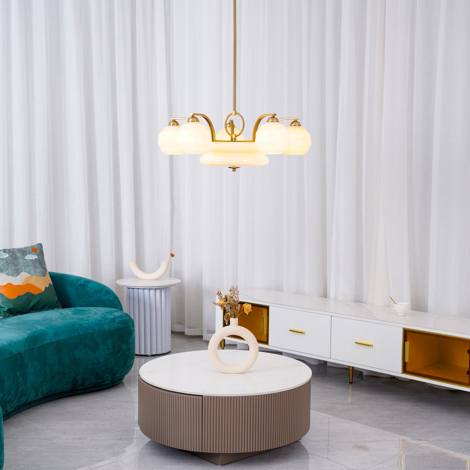 Art Deco Vintage Chandelier — White Glass Shade Ceiling Light for Dining Room