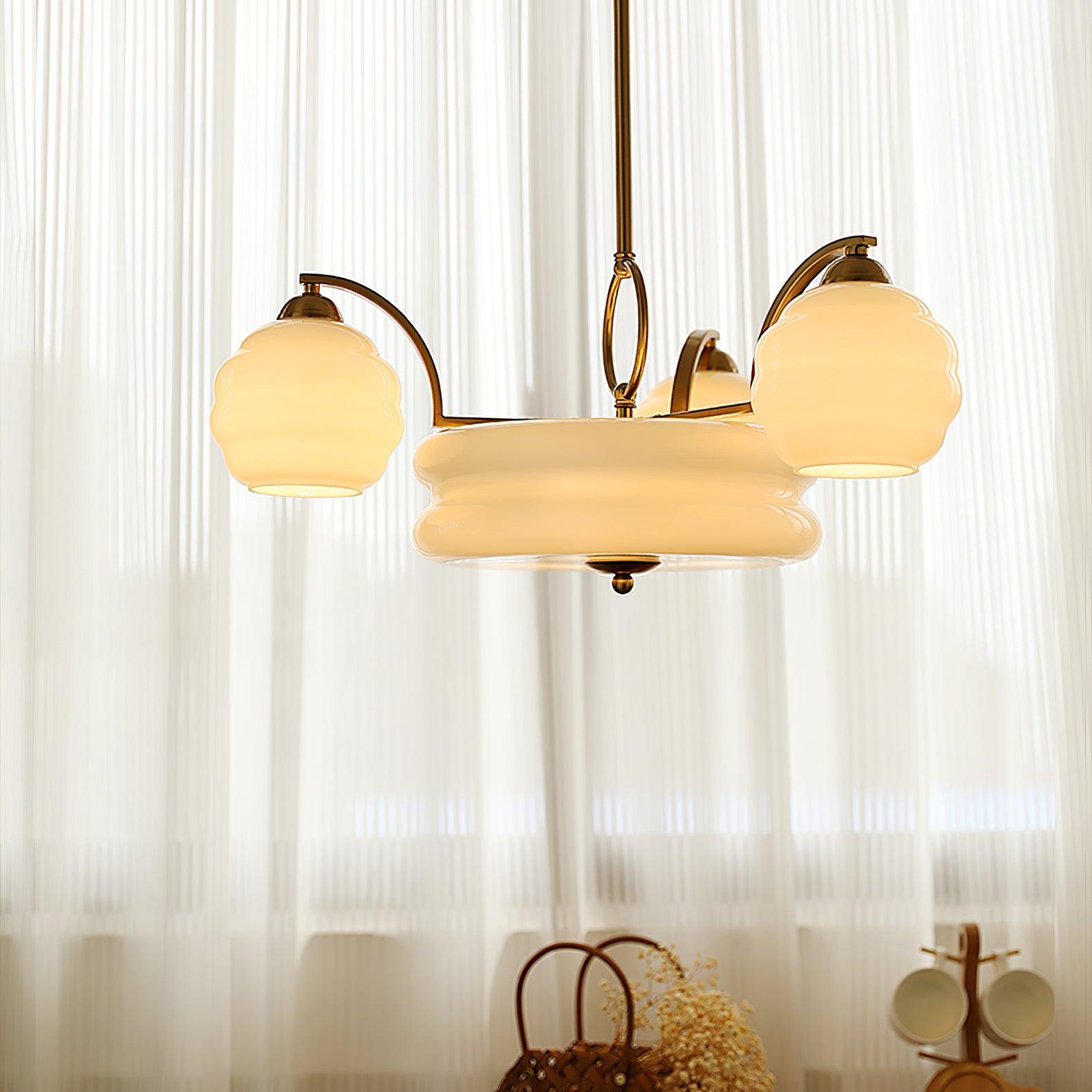 Art Deco Vintage Chandelier — White Glass Shade Ceiling Light for Dining Room
