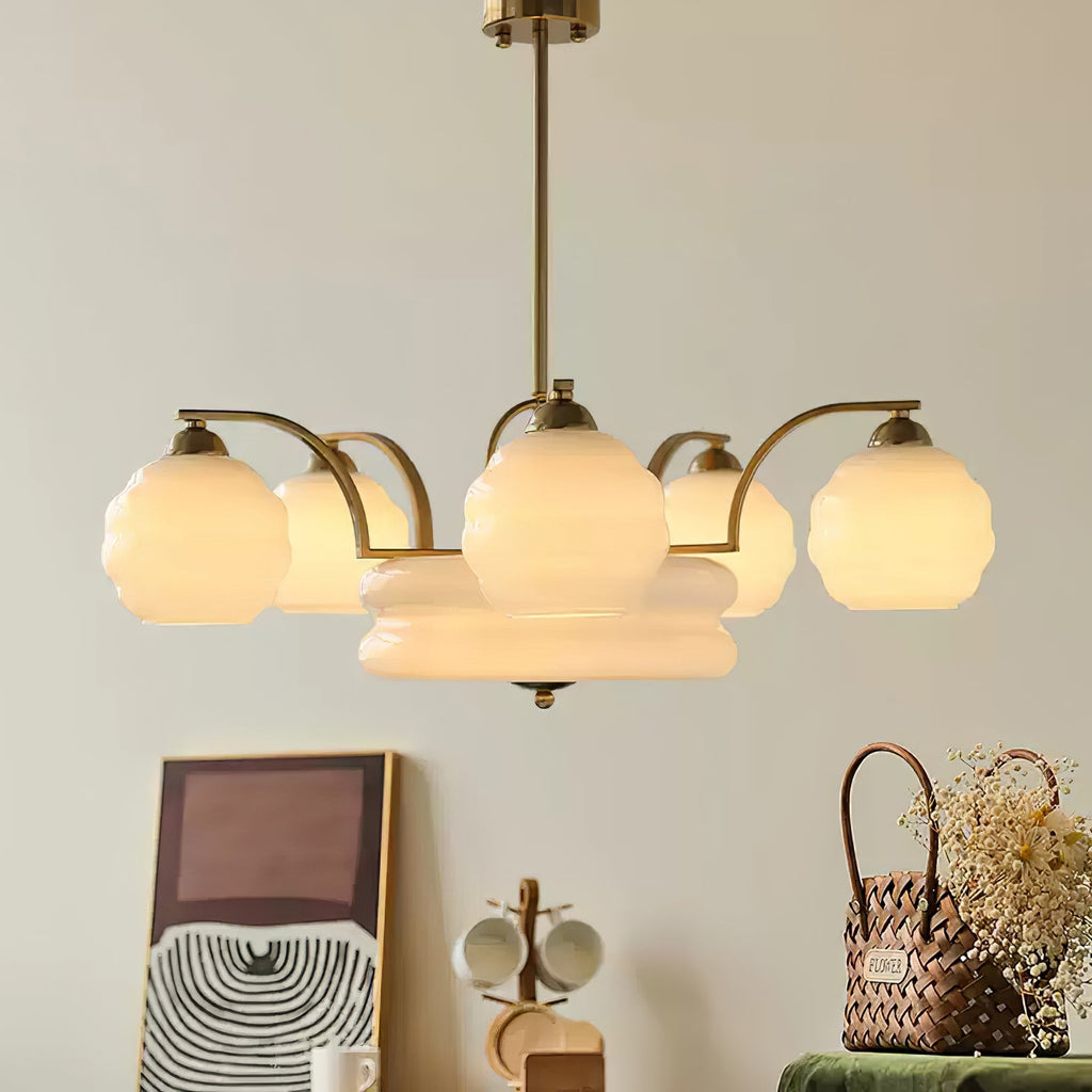 Art Deco Vintage Chandelier — White Glass Shade Ceiling Light for Dining Room