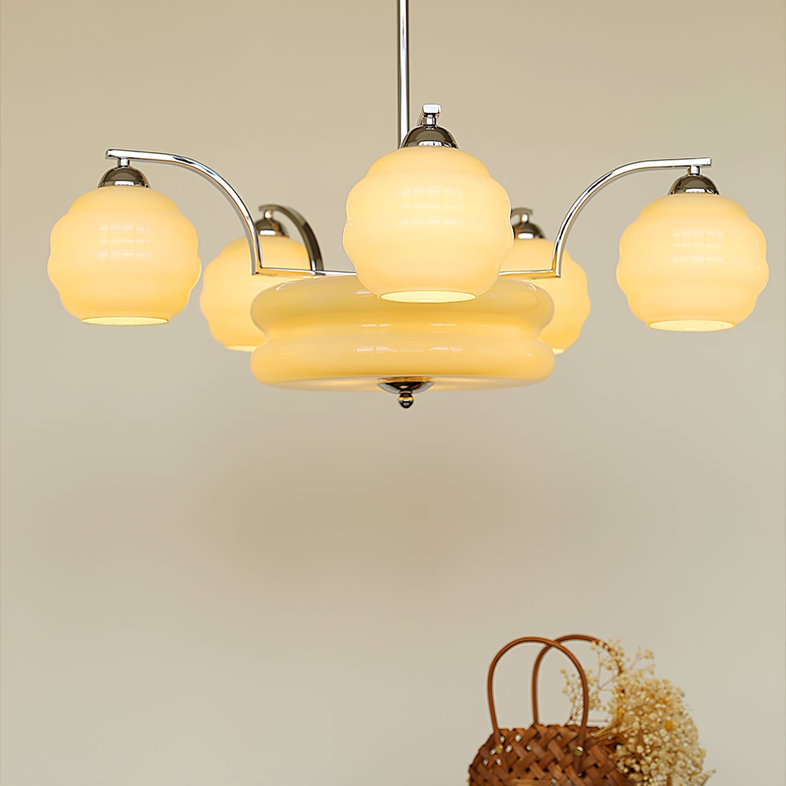 Art Deco Vintage Chandelier — White Glass Shade Ceiling Light for Dining Room