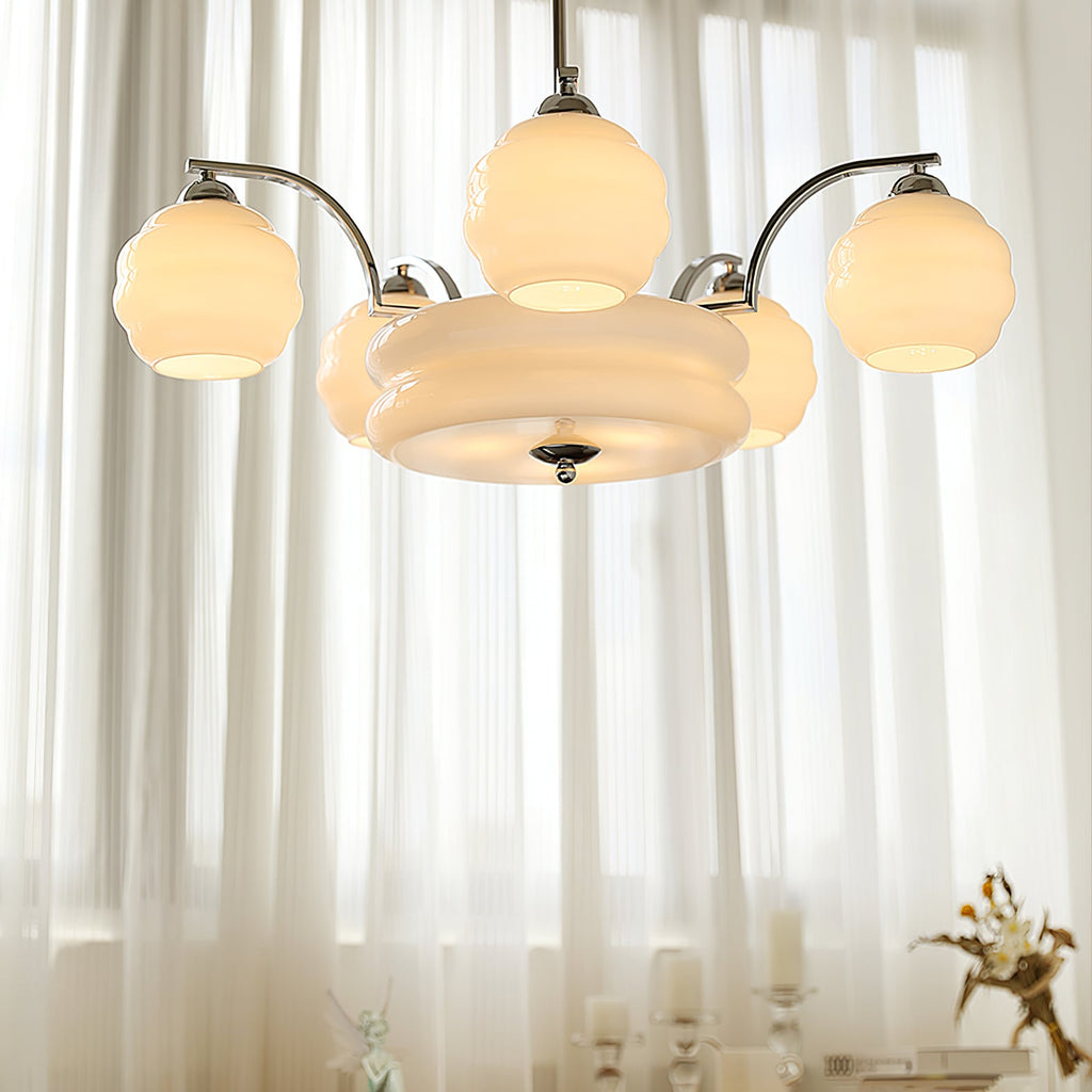 Art Deco Vintage Chandelier — White Glass Shade Ceiling Light for Dining Room