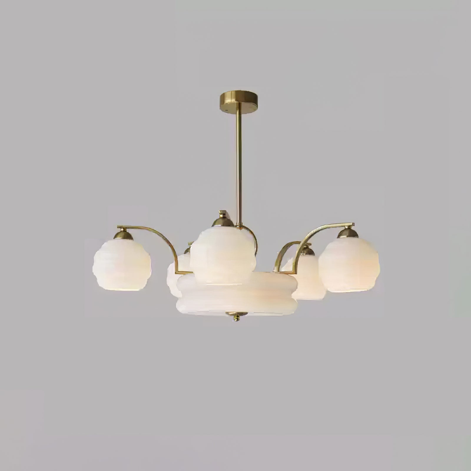 Art Deco Vintage Chandelier — White Glass Shade Ceiling Light for Dining Room