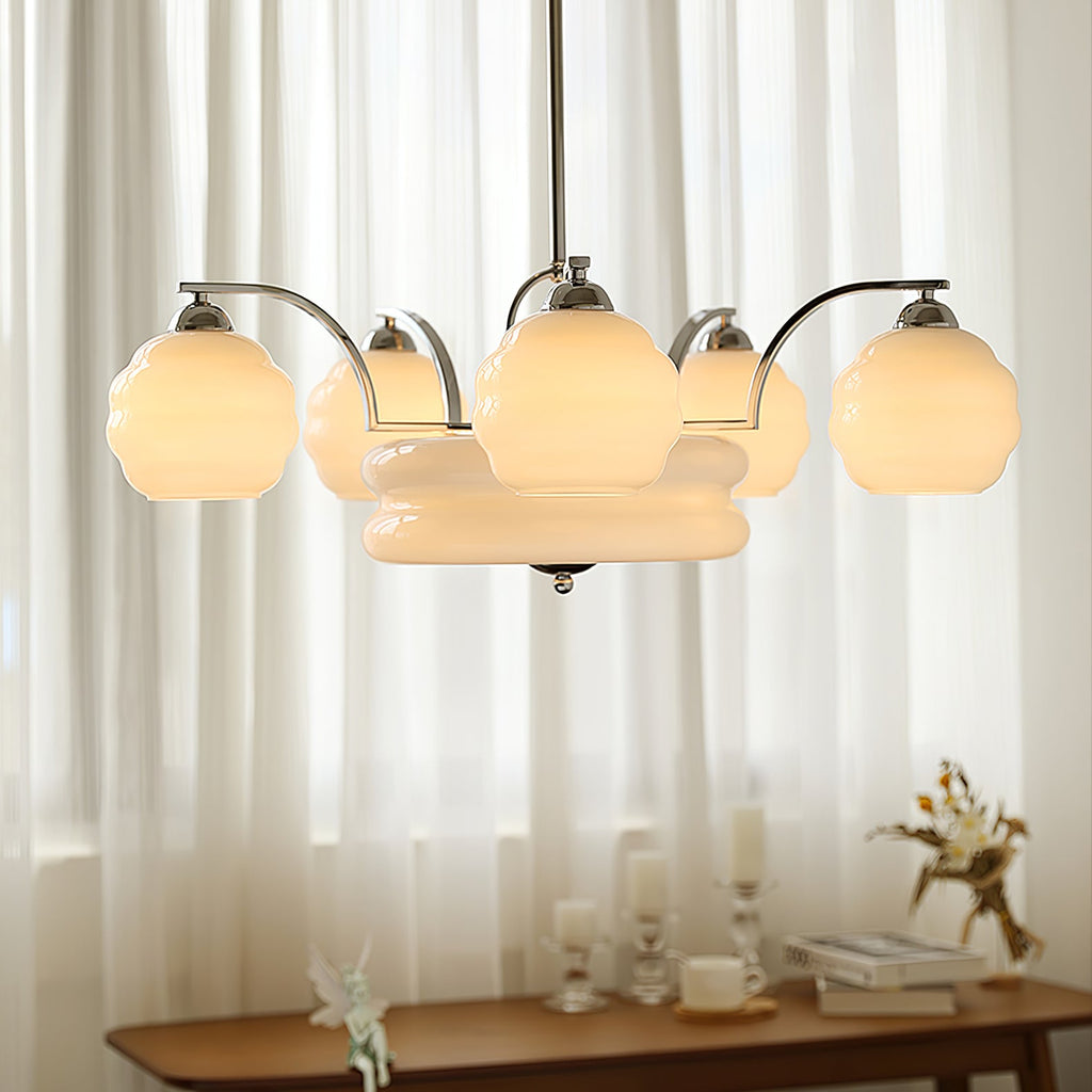 Art Deco Vintage Chandelier — White Glass Shade Ceiling Light for Dining Room