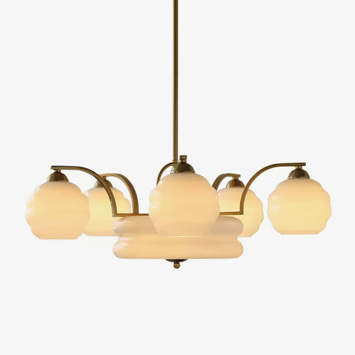 Art Deco Vintage Chandelier — White Glass Shade Ceiling Light for Dining Room