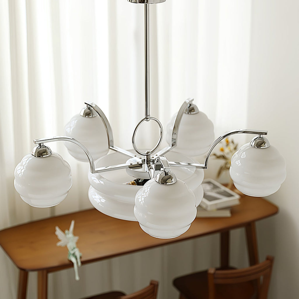 Art Deco Vintage Chandelier — White Glass Shade Ceiling Light for Dining Room