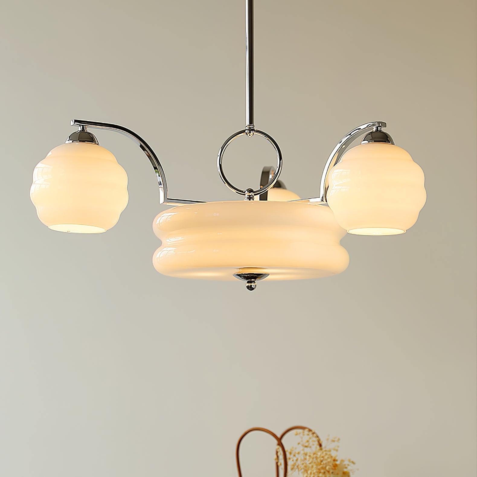 Art Deco Vintage Chandelier — White Glass Shade Ceiling Light for Dining Room