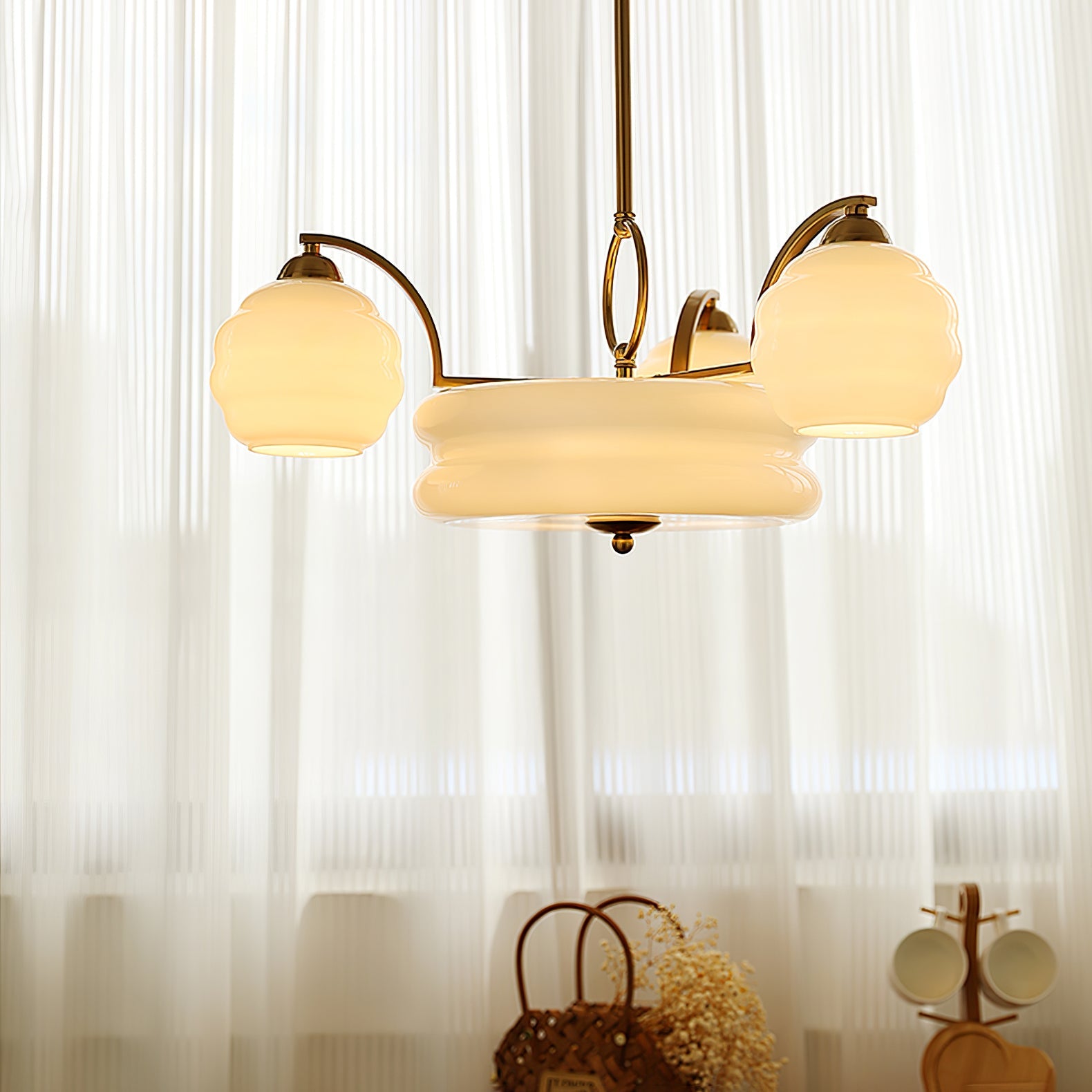 Art Deco Vintage Chandelier — White Glass Shade Ceiling Light for Dining Room