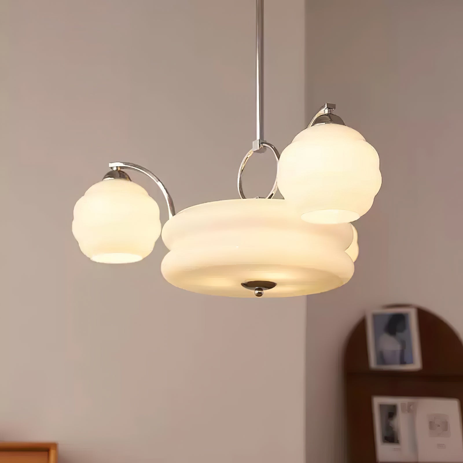 Art Deco Vintage Chandelier — White Glass Shade Ceiling Light for Dining Room