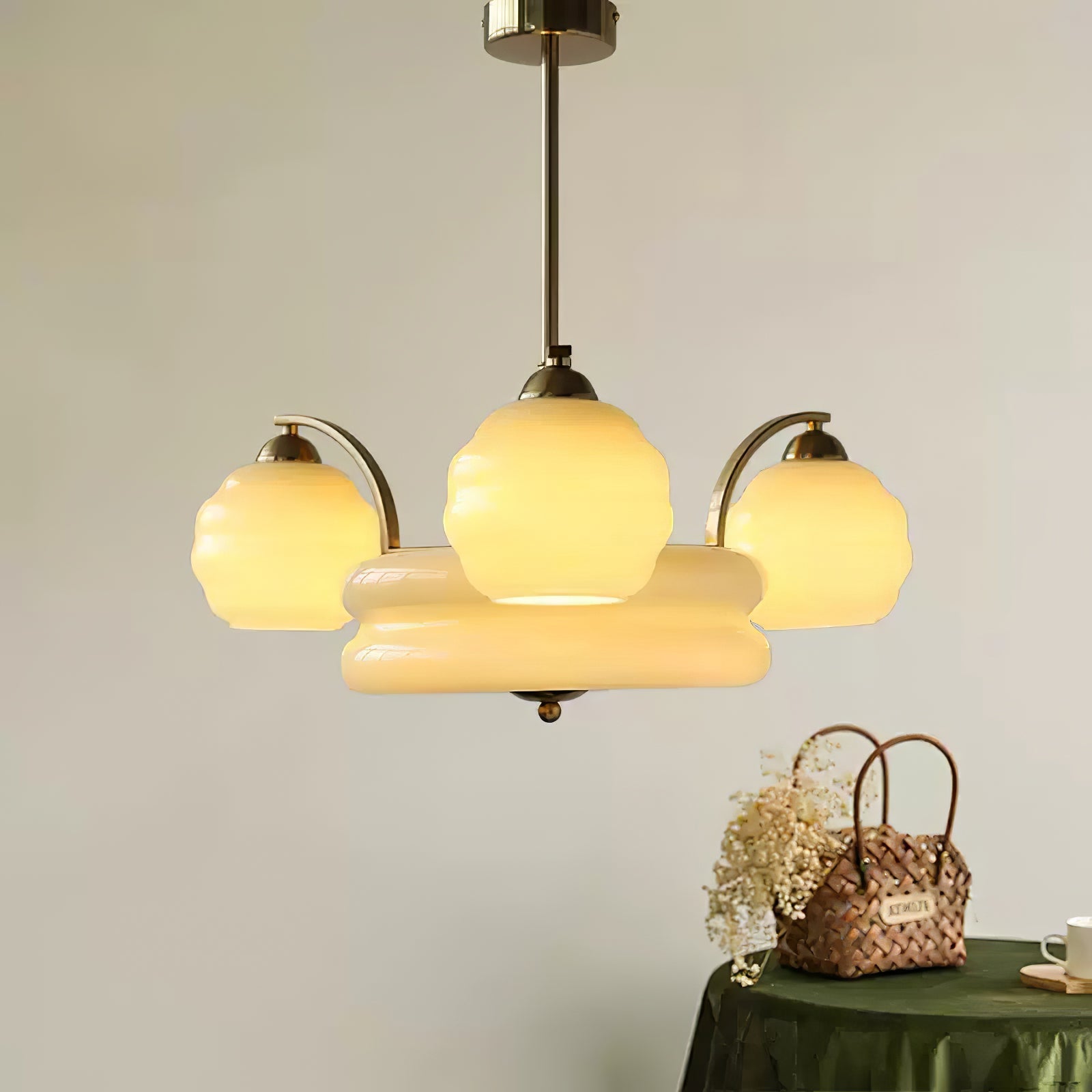 Art Deco Vintage Chandelier — White Glass Shade Ceiling Light for Dining Room