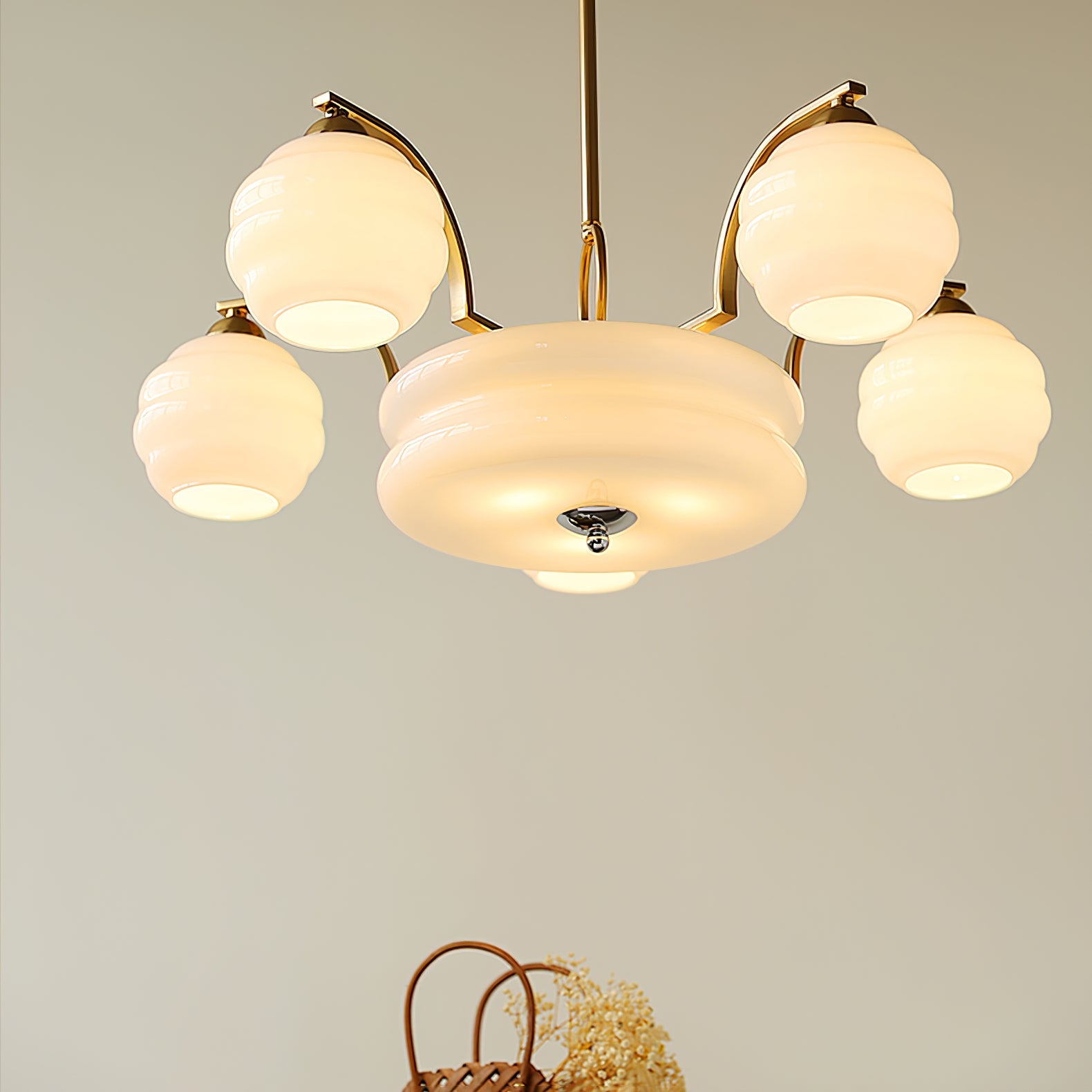 Art Deco Vintage Chandelier — White Glass Shade Ceiling Light for Dining Room