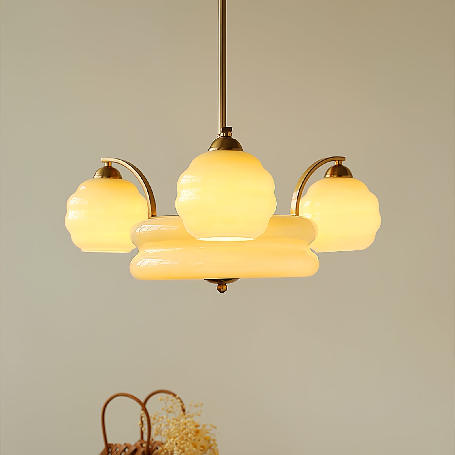 Art Deco Vintage Chandelier — White Glass Shade Ceiling Light for Dining Room