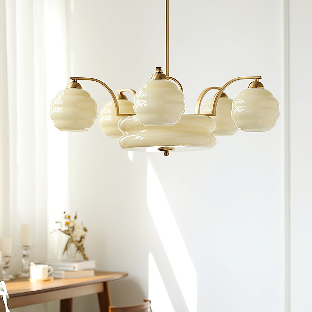 Art Deco Vintage Chandelier — White Glass Shade Ceiling Light for Dining Room