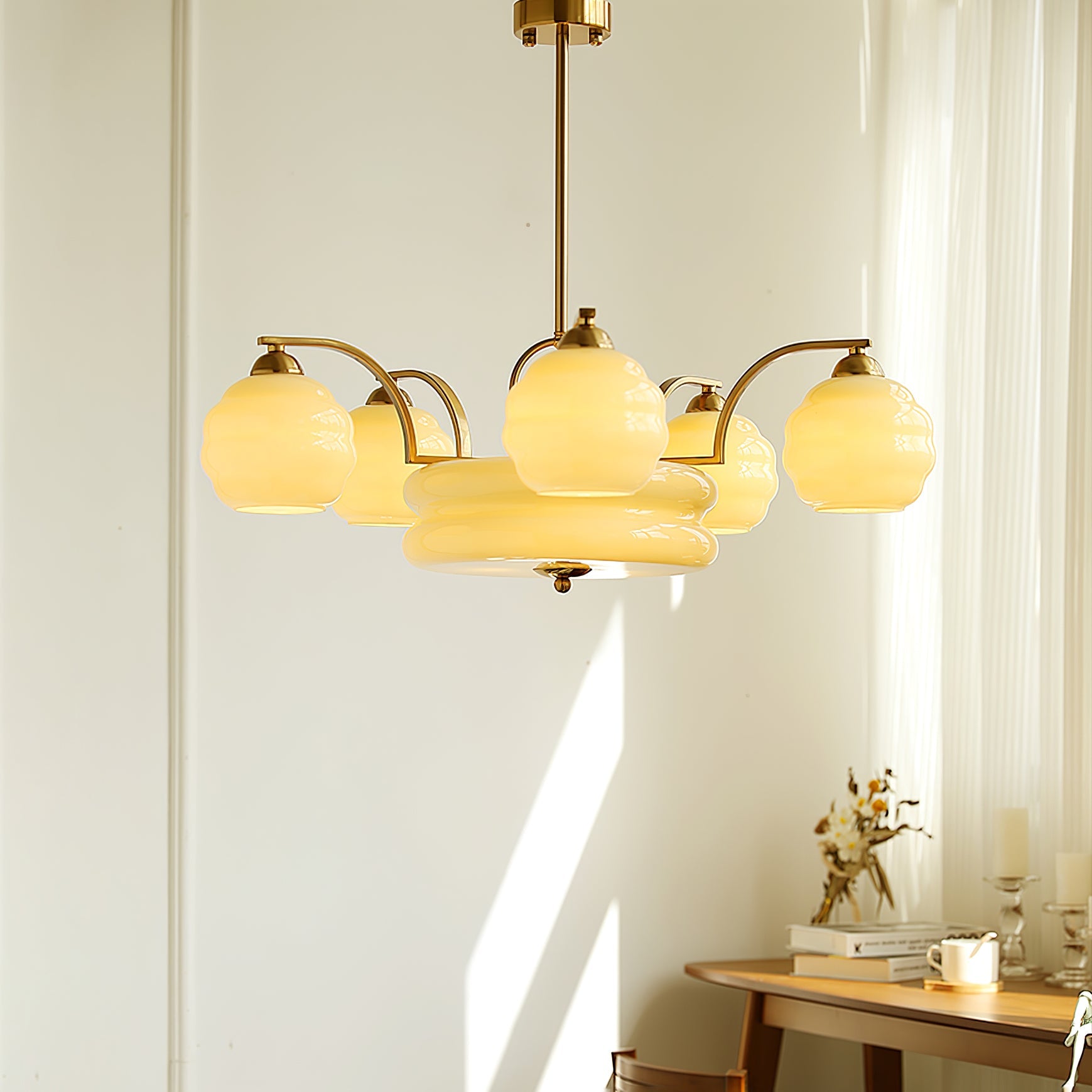 Art Deco Vintage Chandelier — White Glass Shade Ceiling Light for Dining Room
