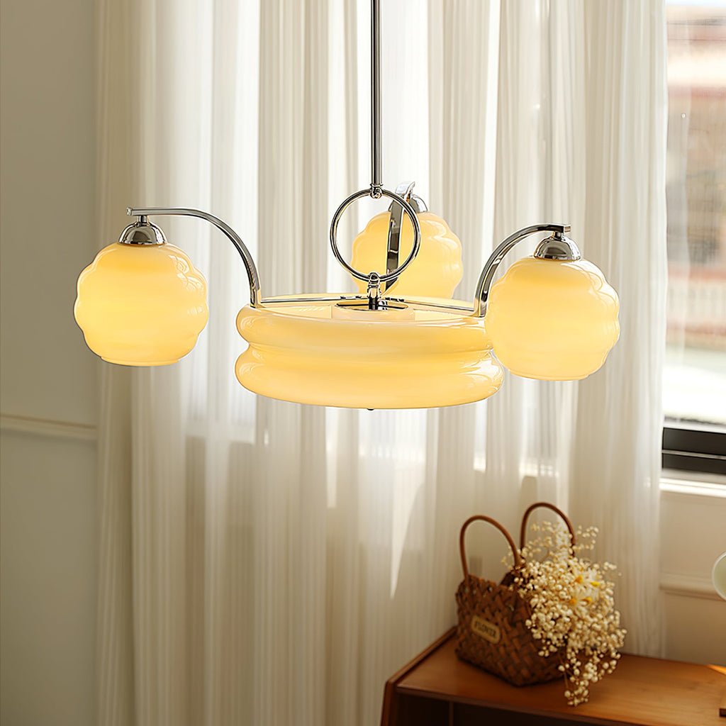 Art Deco Vintage Chandelier — White Glass Shade Ceiling Light for Dining Room