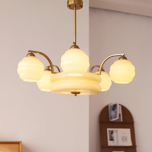 Art Deco Vintage Chandelier — White Glass Shade Ceiling Light for Dining Room