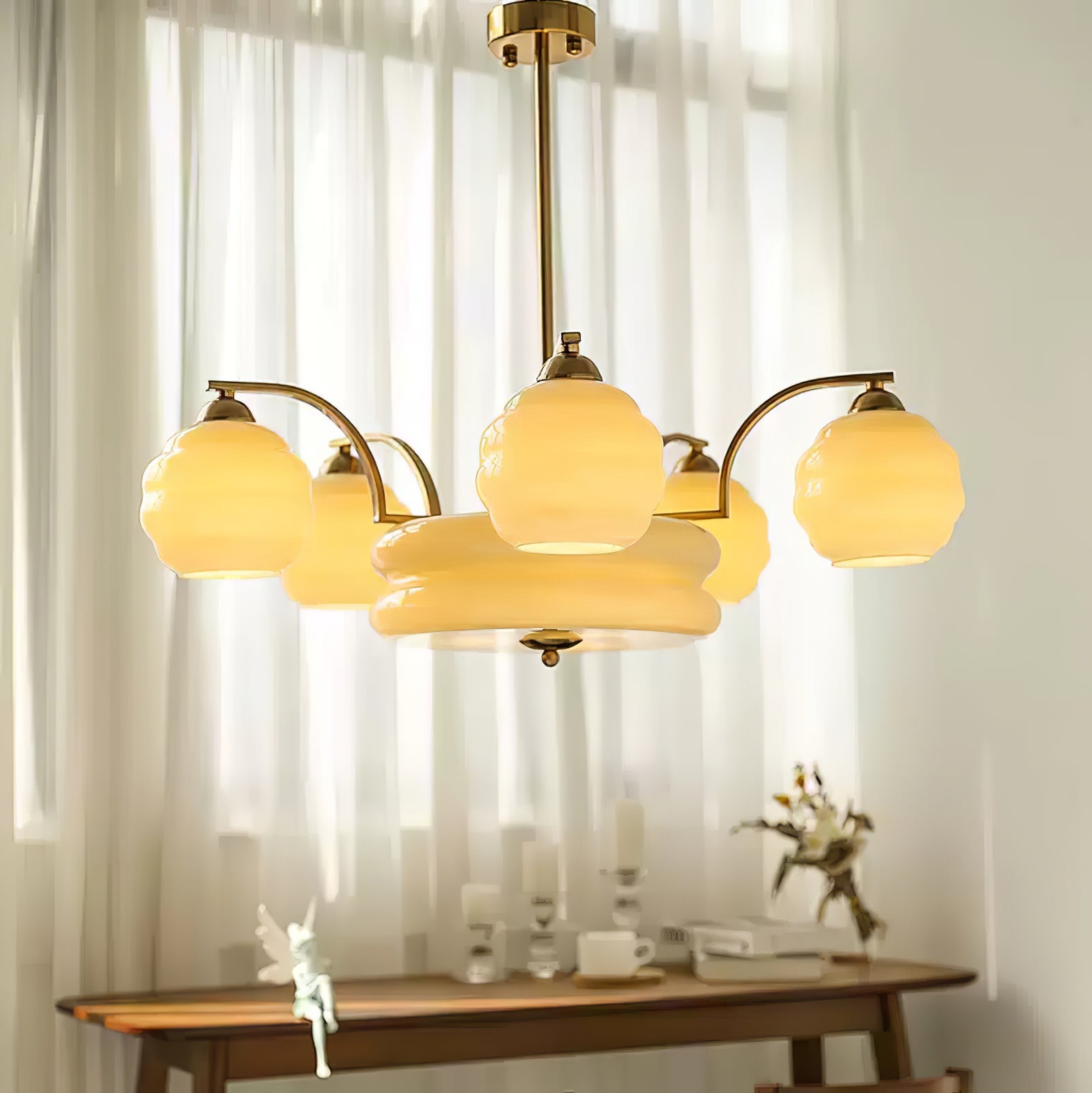 Art Deco Vintage Chandelier — White Glass Shade Ceiling Light for Dining Room